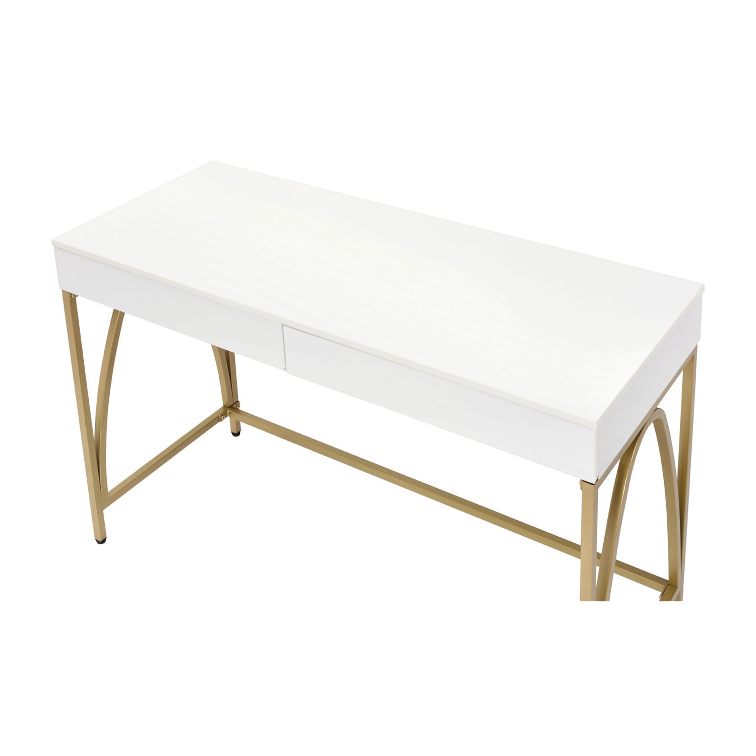 2 Drawers Writing Desk with Metal Trestle Base, White High Gloss and Gold