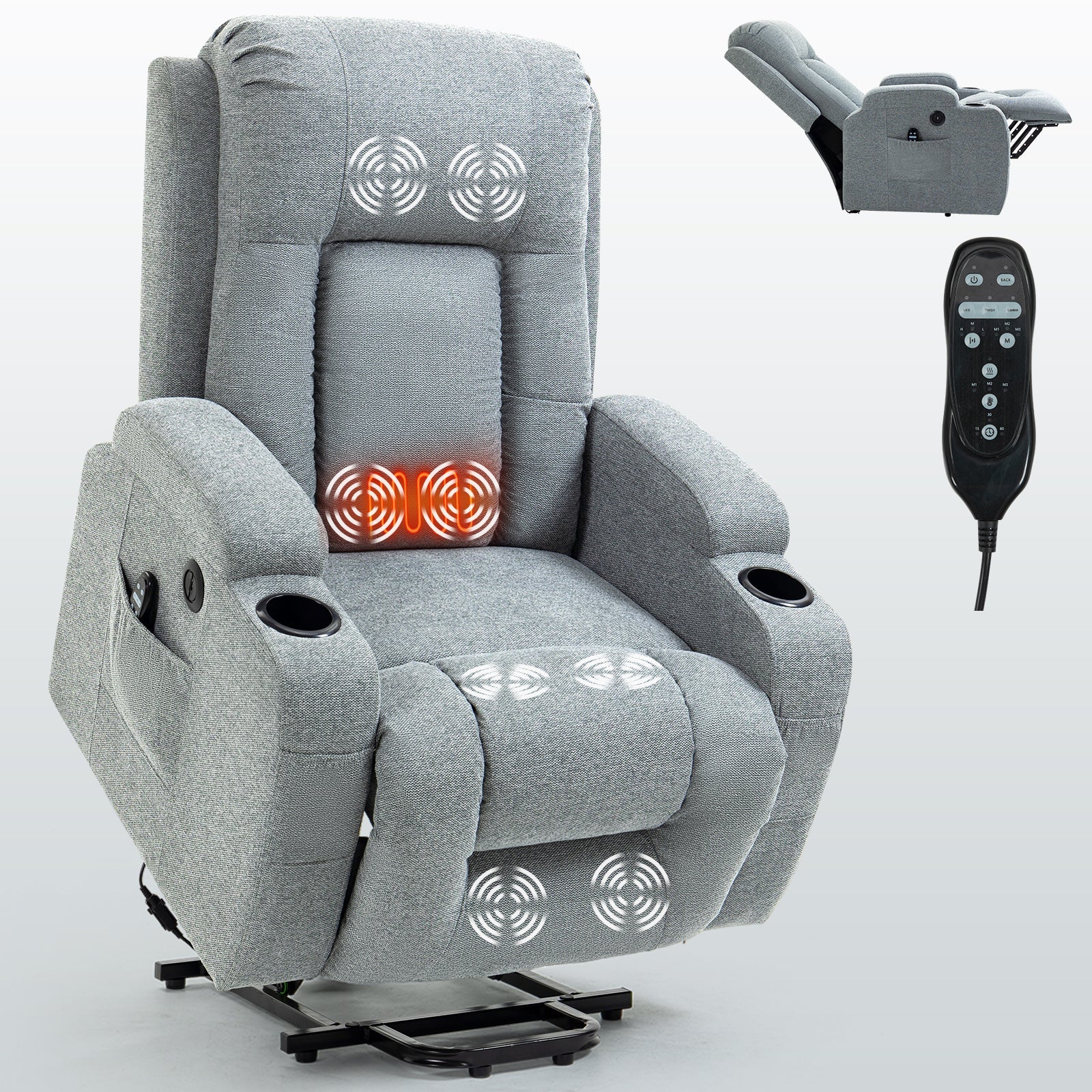 Infinite Position Single Motor Up to 350 LBS Power Lift Recliner Chair for Elderly, Heavy Duty Motion Mechanism with 8-Point Vibration Massage and Lumbar Heating, USB Charging Port, Cup Holders, Grey