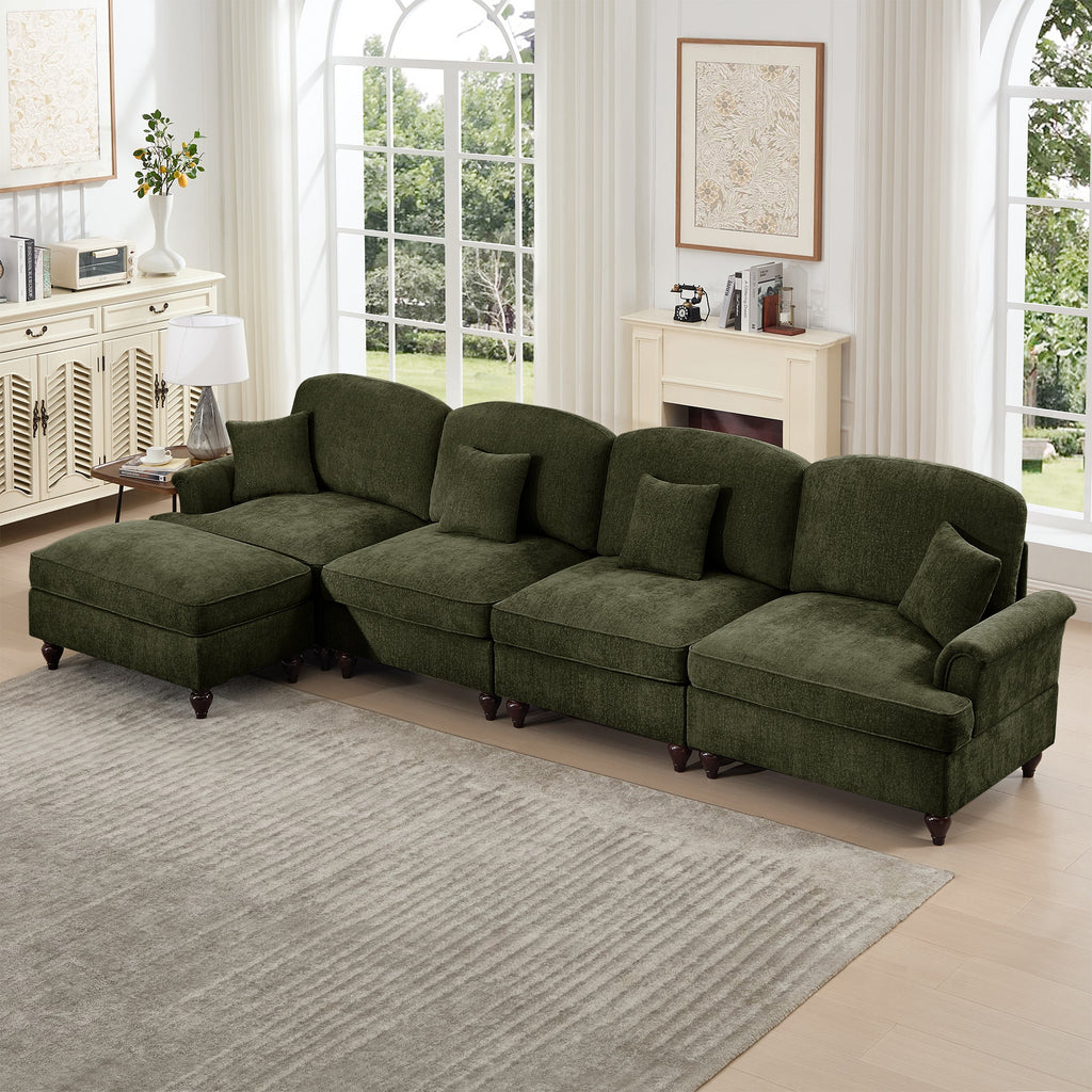 Classic Three Seater Modular L Shaped Sectional Couch with Flared Arms and Removable Ruffles Pleats Skirts and Spindle Legs, Comfy Chenille Four-Seat Deep Seat Sofa with Movable Ottoman, Green