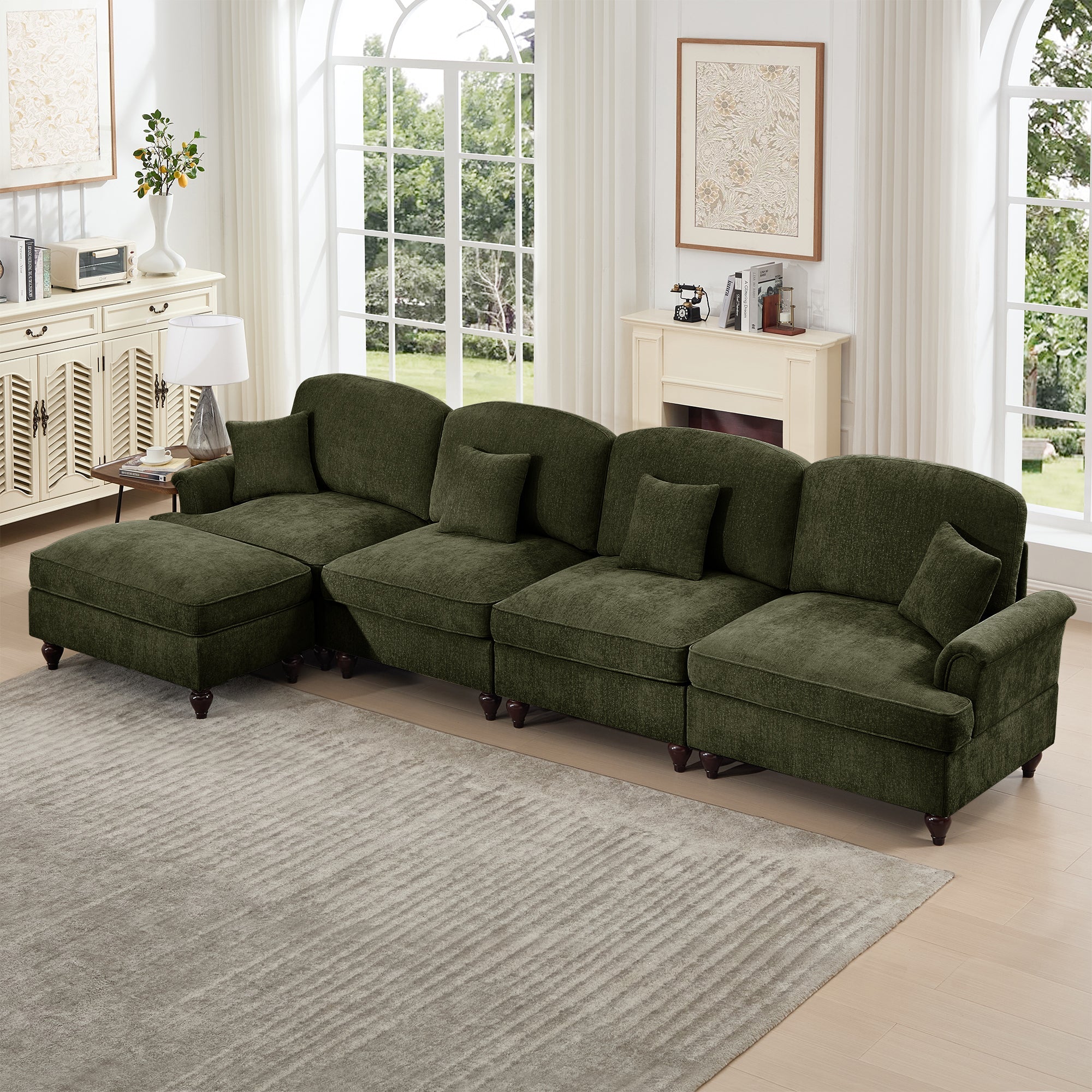 Classic Three Seater Modular L Shaped Sectional Couch with Flared Arms and Removable Ruffles Pleats Skirts and Spindle Legs, Comfy Chenille Four-Seat Deep Seat Sofa with Movable Ottoman, Green