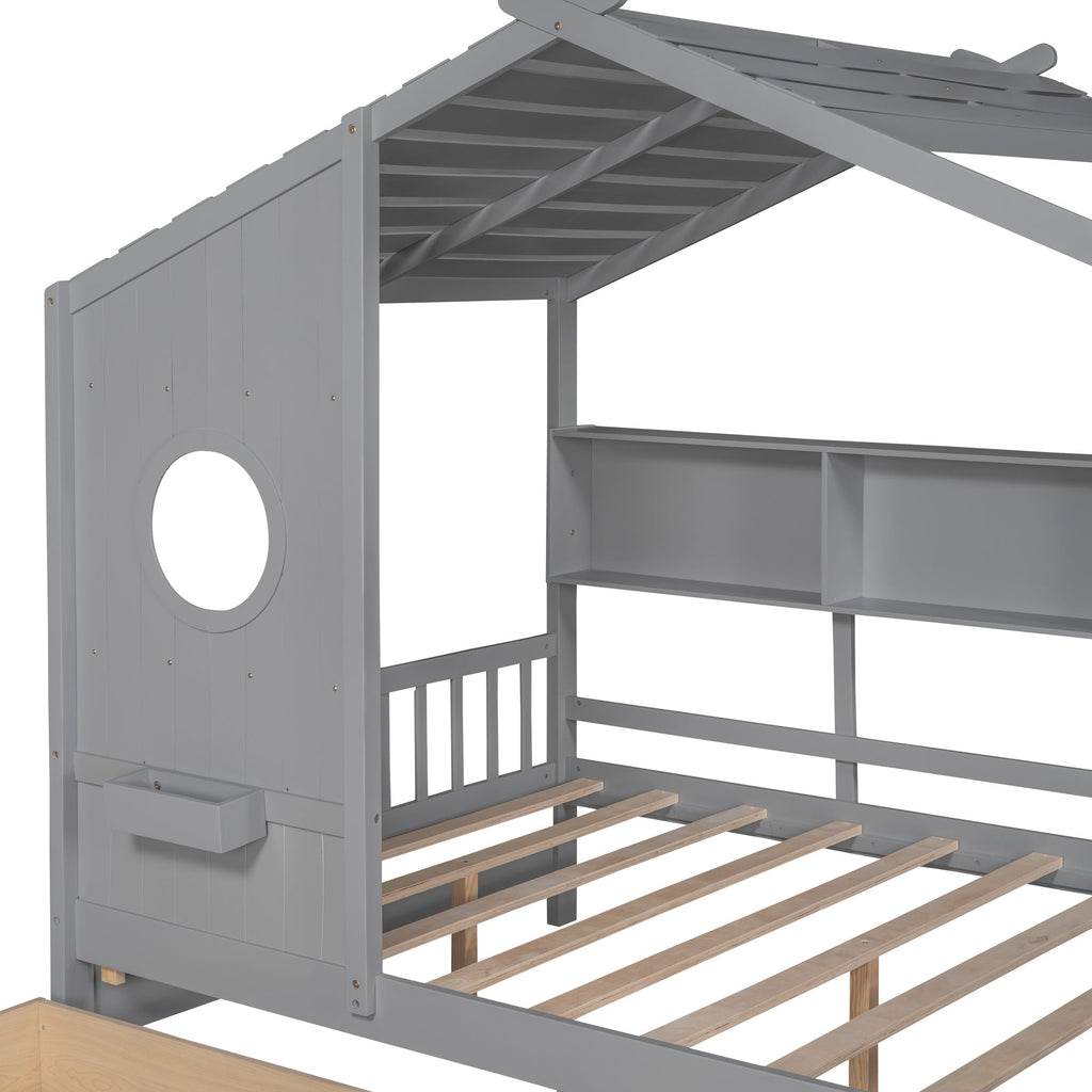 Wooden Full Size House Bed with 2 Drawers,Kids Bed with Storage Shelf, Gray(Old SKU: HL000052AAE)