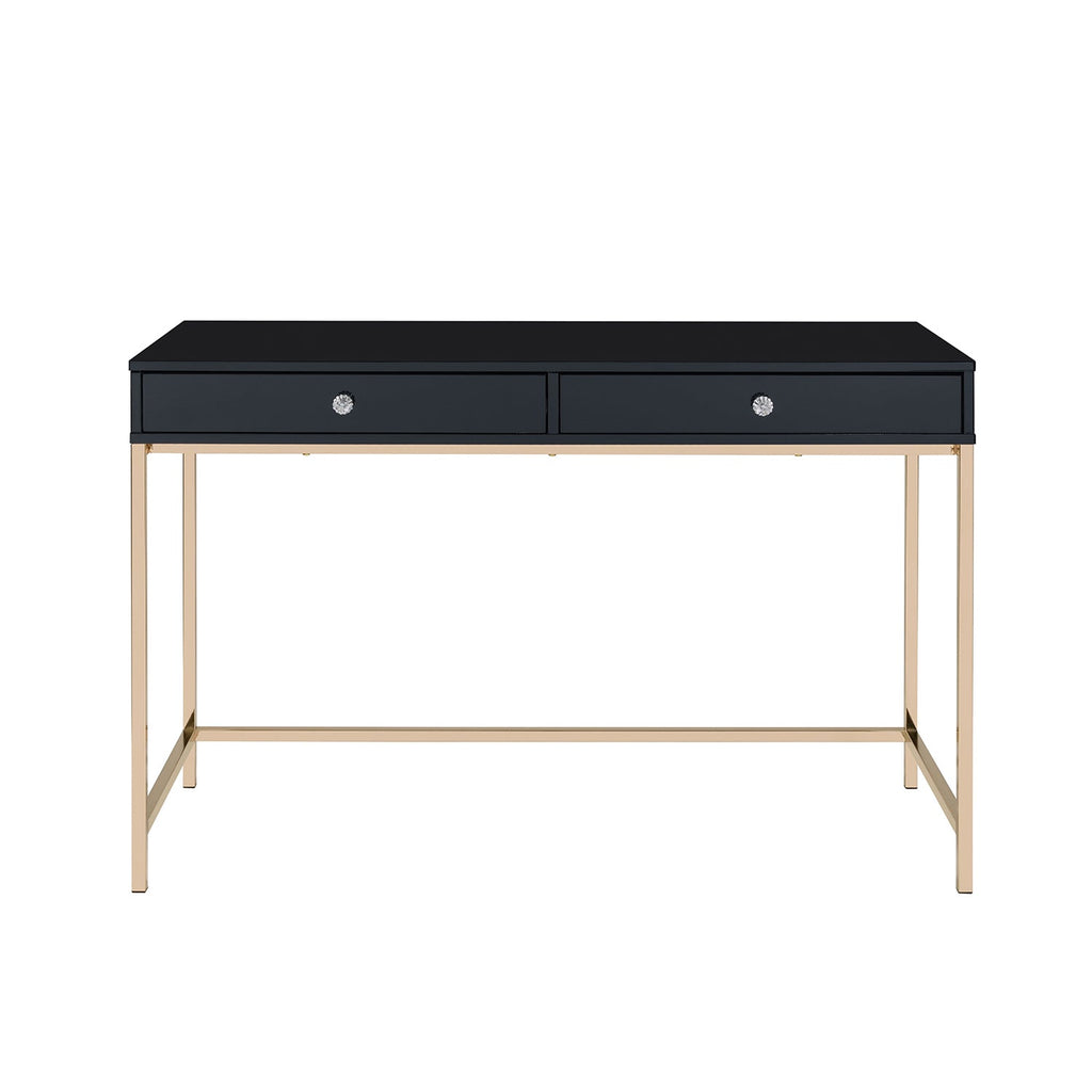 Rectangular Writing Desk with 2 Drawers, Black High Gloss and Gold