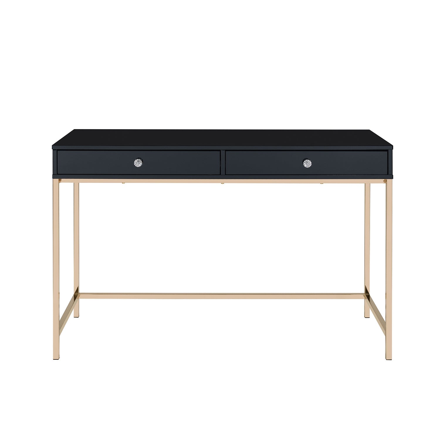Rectangular Writing Desk with 2 Drawers, Black High Gloss and Gold