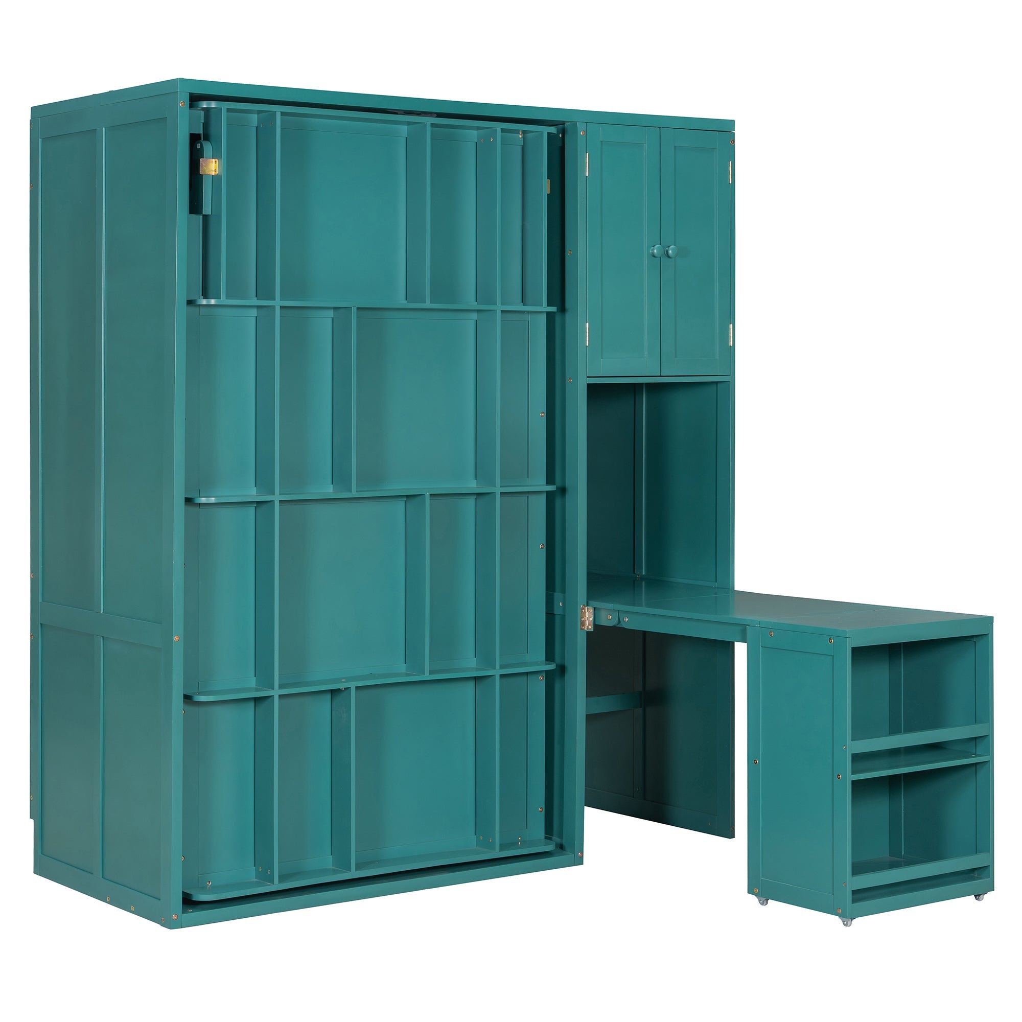 Twin Size Rotating Wall Murphy Beds with Bookshelf, Top Cabinet, Extendable Desk & Side Storage, Teal