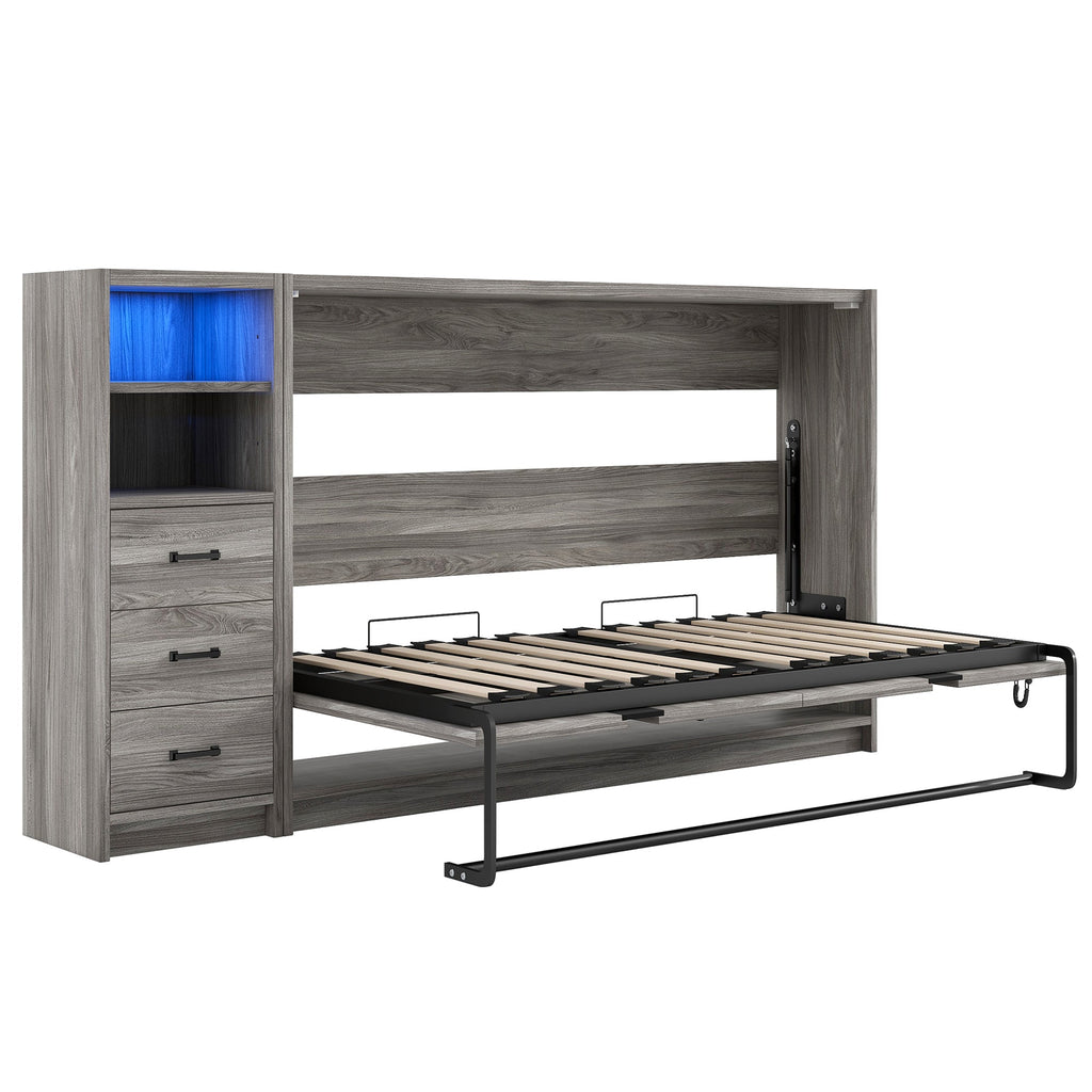 Twin Size Murphy Bed with Drawers and LED Light, can be Folded into a Cabinet, Gray