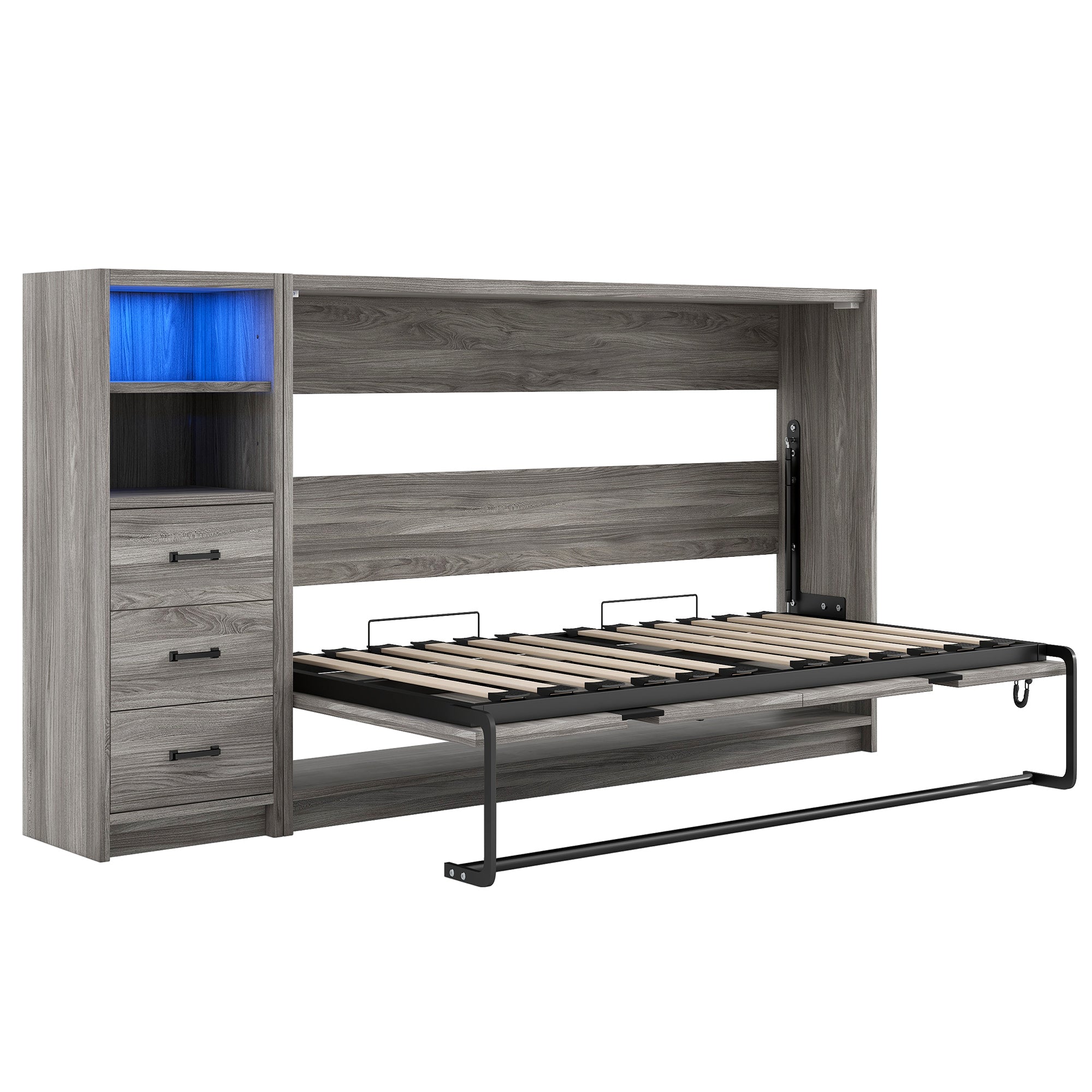 Twin Size Murphy Bed with Drawers and LED Light, can be Folded into a Cabinet, Gray
