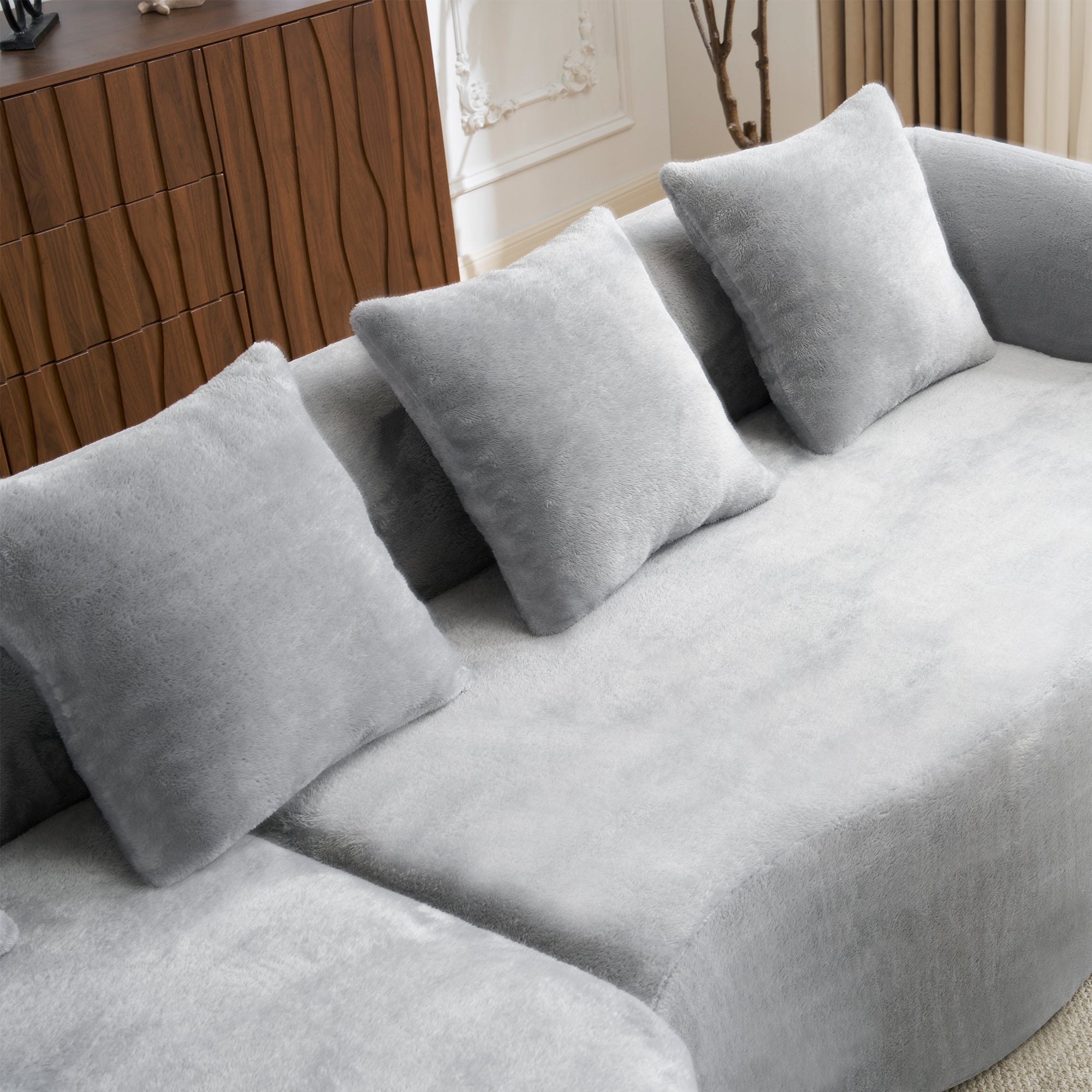 Full Compression L-Shape Sectional Sofa with Curved Chaise, Grey Modular Chenille Couch, High-Density for Apartment Living Room