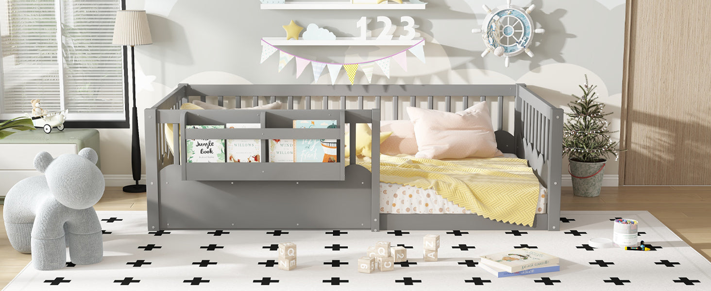 Twin Floor bed with Heightened Fence and bookshelf ,Wood Floor Bed for Kids, Gray.