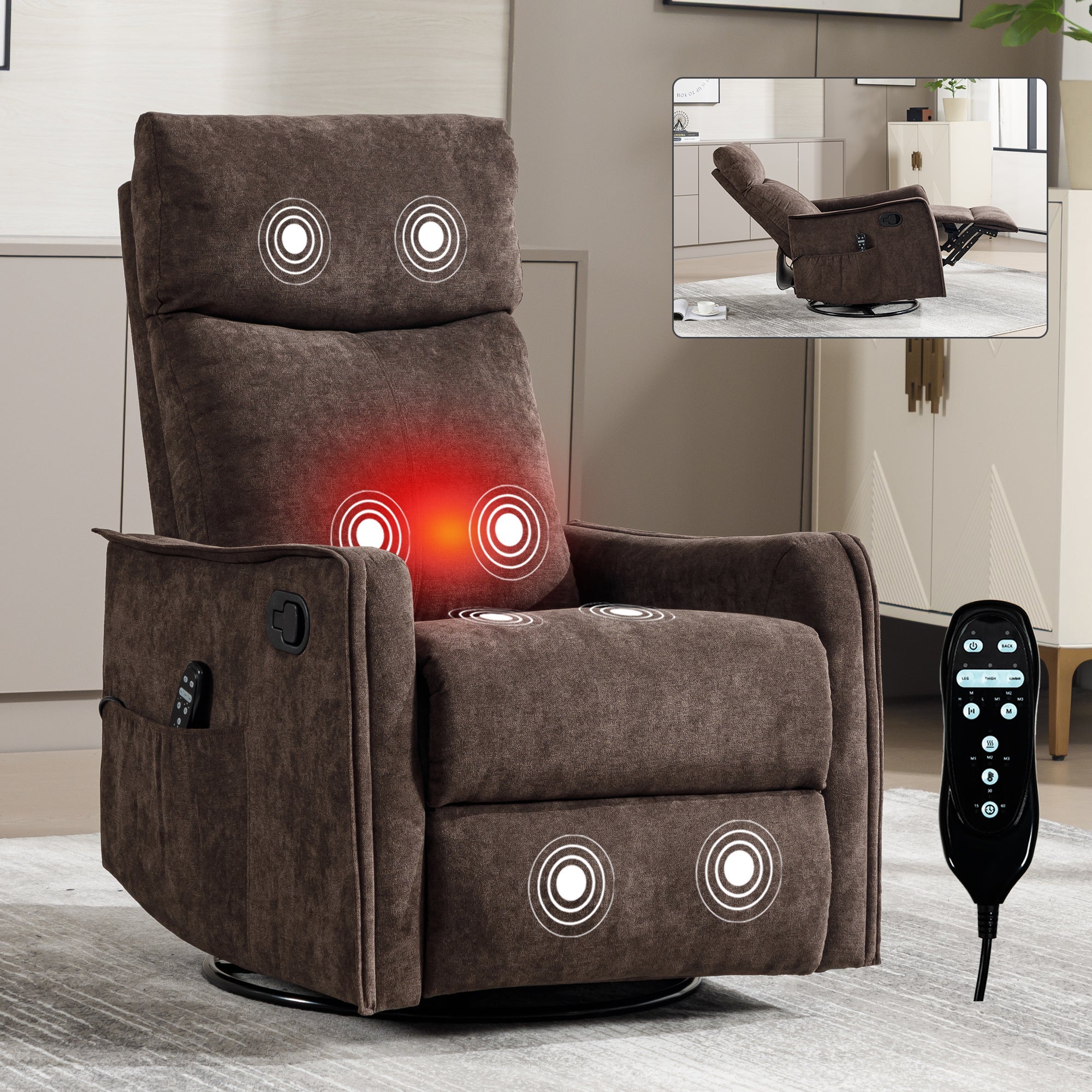 Heat Massage Manual Recliner Chair with Rocker and Swivel in Fabric for Living Room, Brown