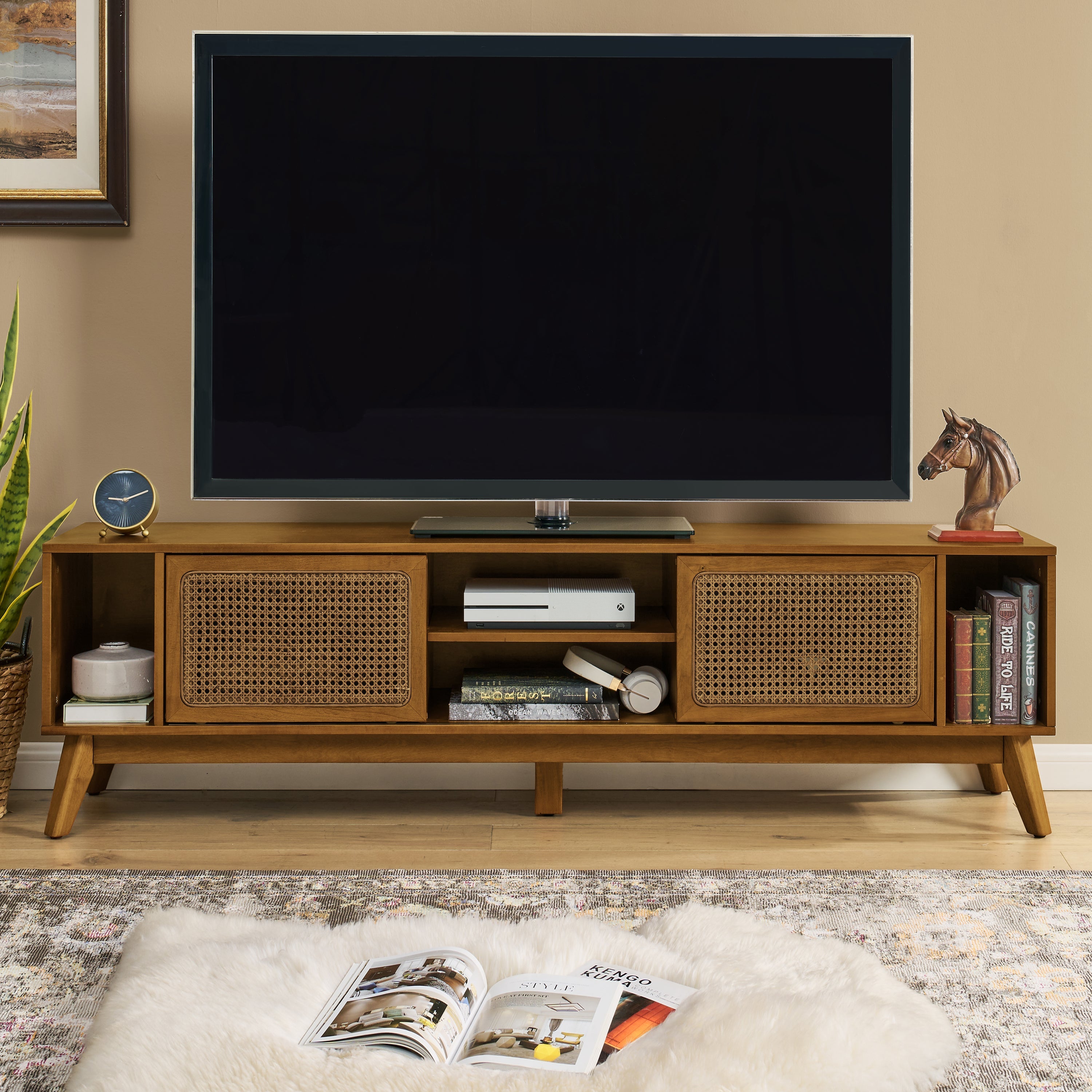 67.9 Inch Mid Century Modern Rattan TV Stand for TVs up to 75', Entertainment Cabinet, Media Console for Living Room Media Room, Solid Wood Feet & Rattan Cabinet Doors - Light Walnut