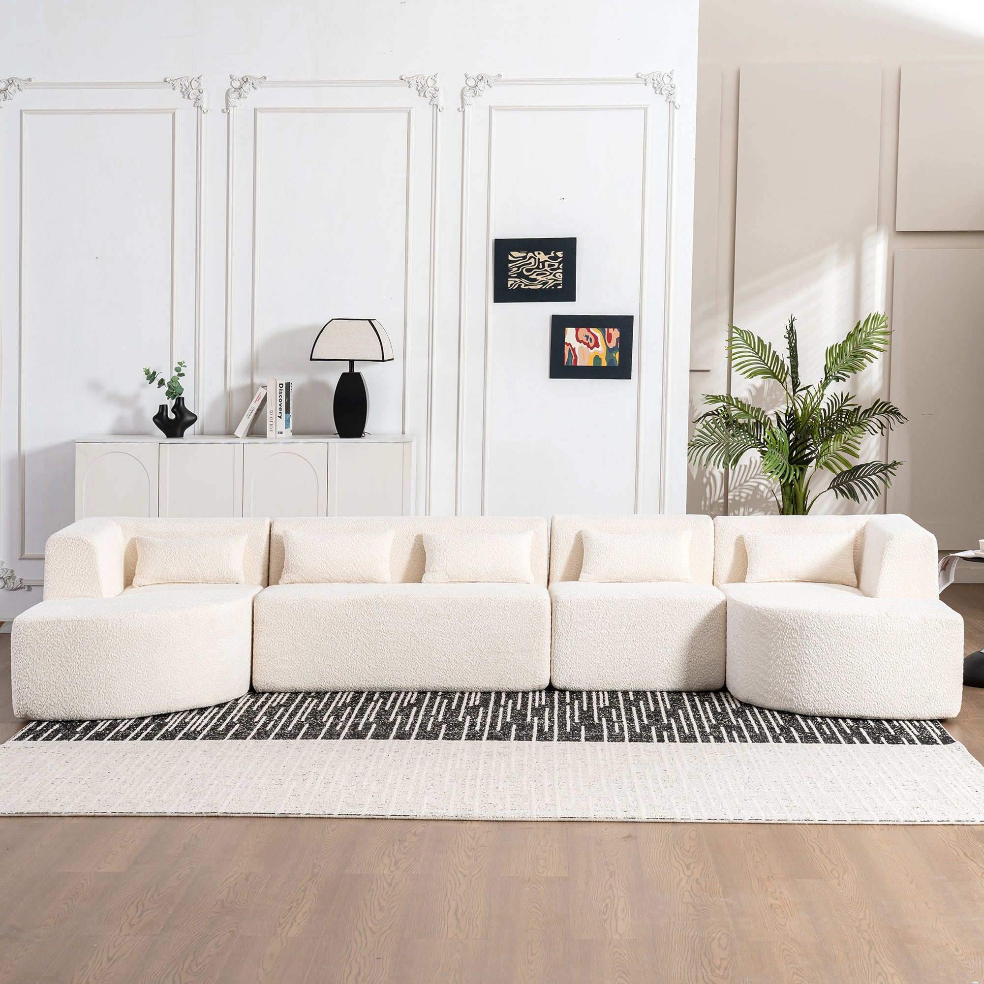 144' Upholstered Sofa Free-combined Sofa Couch with Two Chaise Lounge and Five Back Pillows for Living Room(Old SKU: N719S001600A), Beige