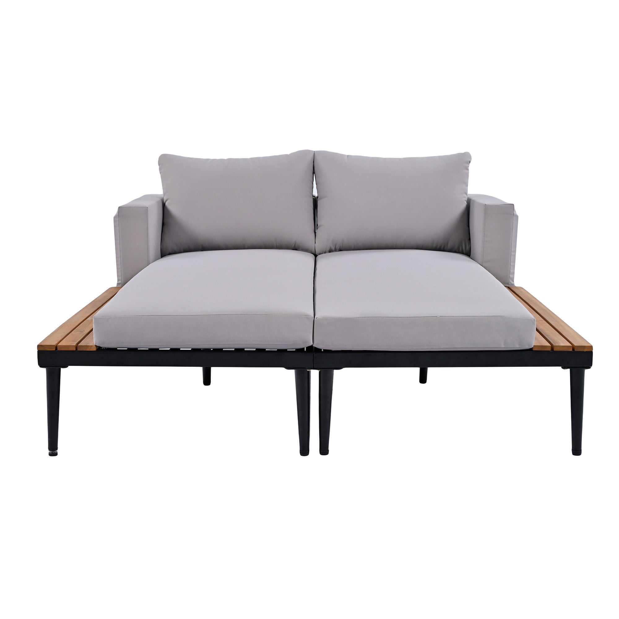TOPMAX Modern Outdoor Daybed Patio Metal Daybed with Wood Topped Side Spaces for Drinks, 2 in 1 Padded Chaise Lounges for Poolside, Balcony, Deck, Gray