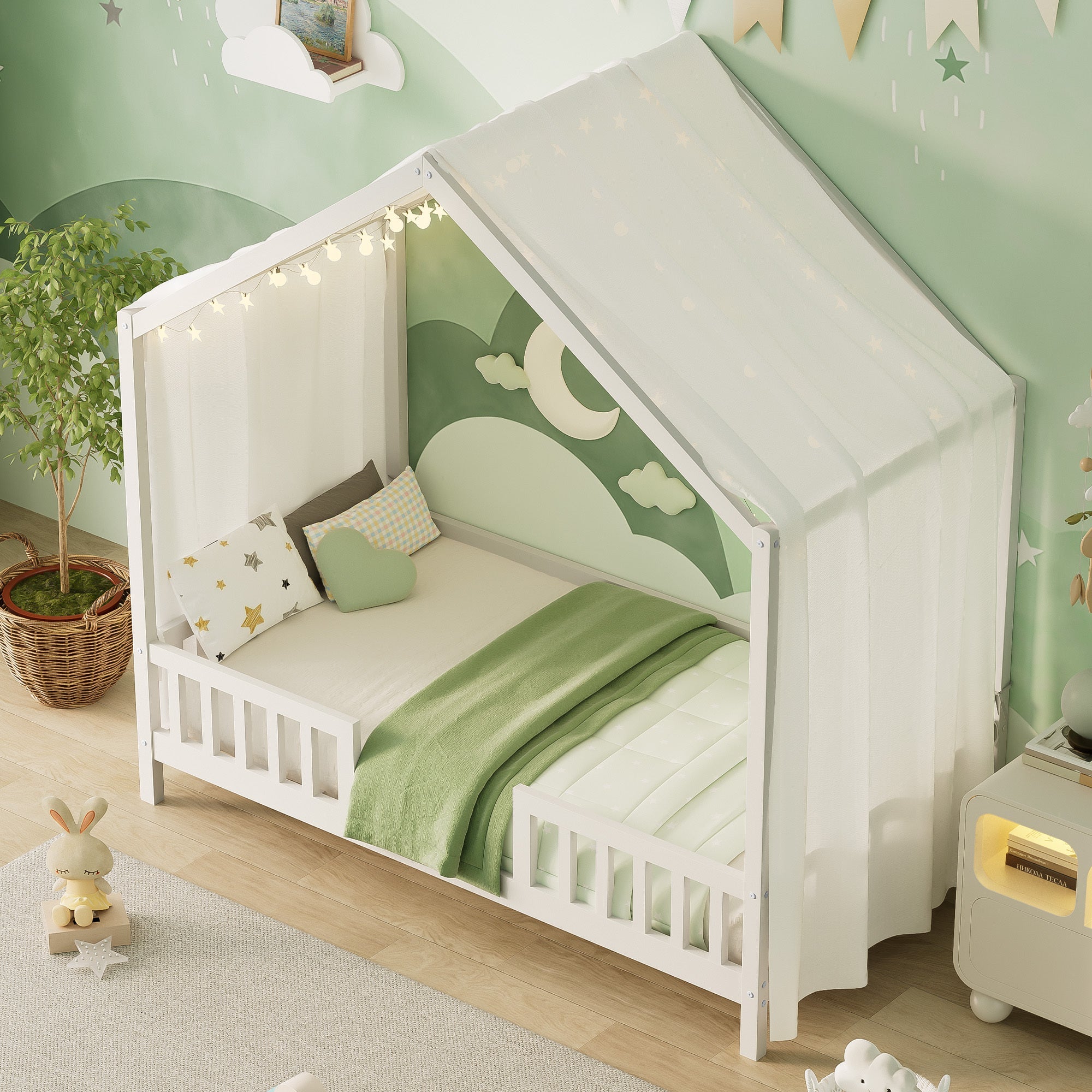 Montessori Floor Bed with Canopy, Twin Bed Frame for Kids, House Shape Kids Bed Frame with High Railings, Wood Kids Bed with Roof, Kid Twin Bed, White