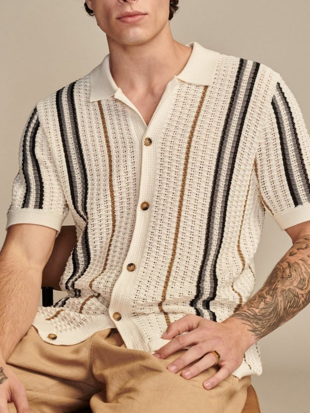 Striped Collared Neck Short Sleeve Shirt