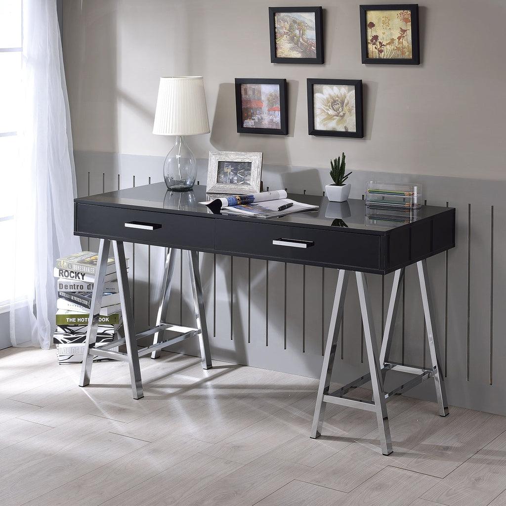 2 Drawers Writing Desk with Metal Base, Black High Gloss and Chrome
