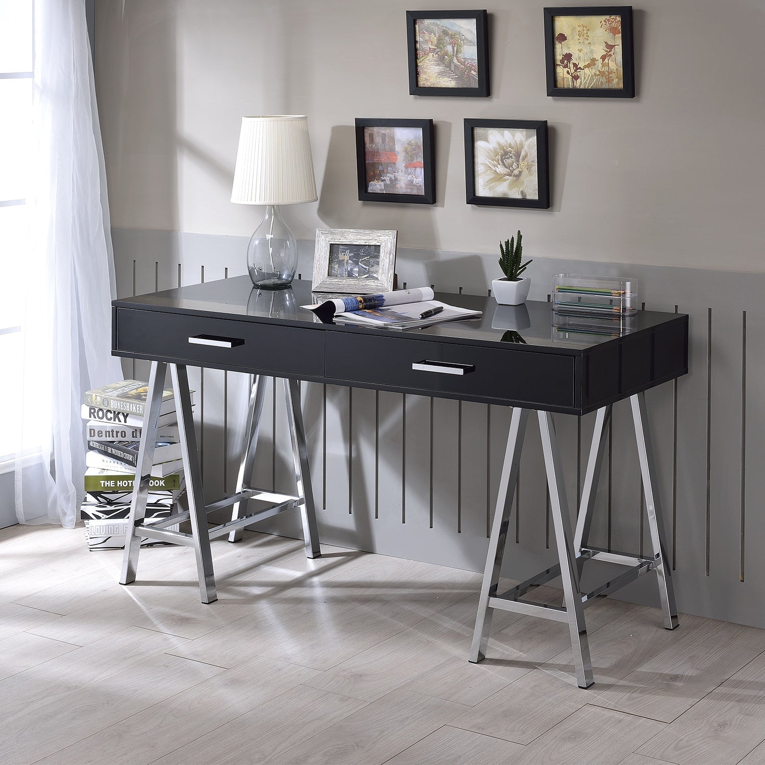 2 Drawers Writing Desk with Metal Base, Black High Gloss and Chrome