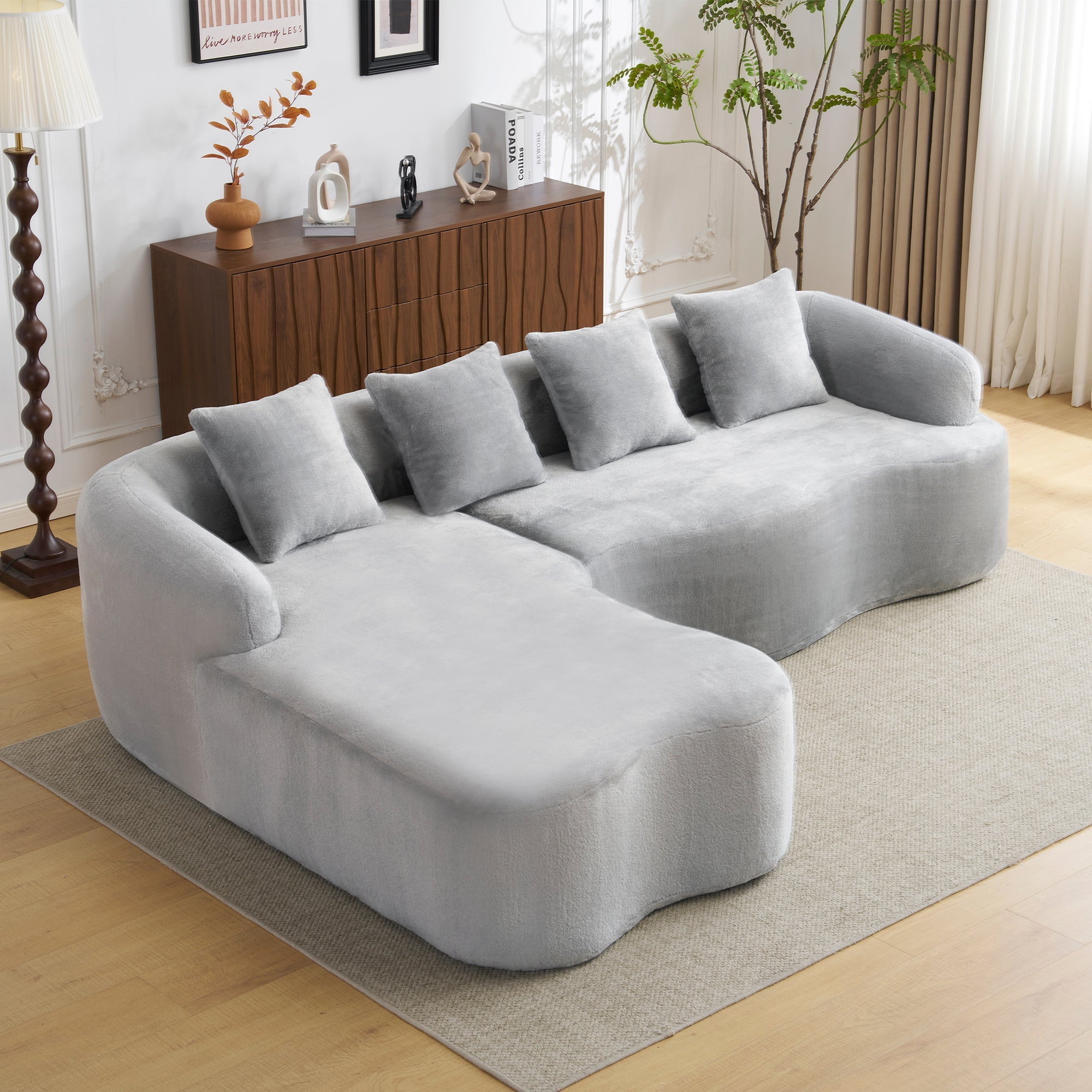 Full Compression L-Shape Sectional Sofa with Curved Chaise, Grey Modular Chenille Couch, High-Density for Apartment Living Room