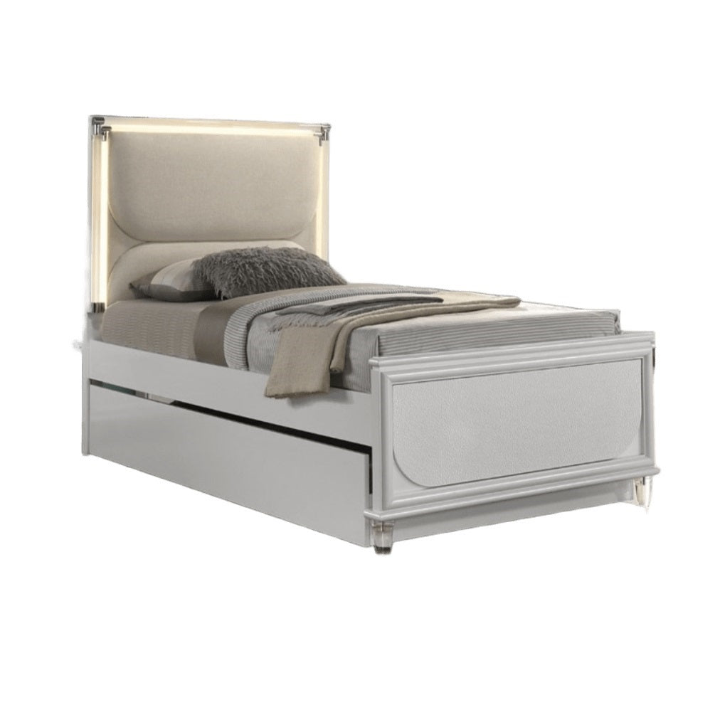 Contemporary Glam Pearl White Full Size Bed W Trundle 2x Nightstands Embossed Panel 3pc Bedframe Bedroom Furniture