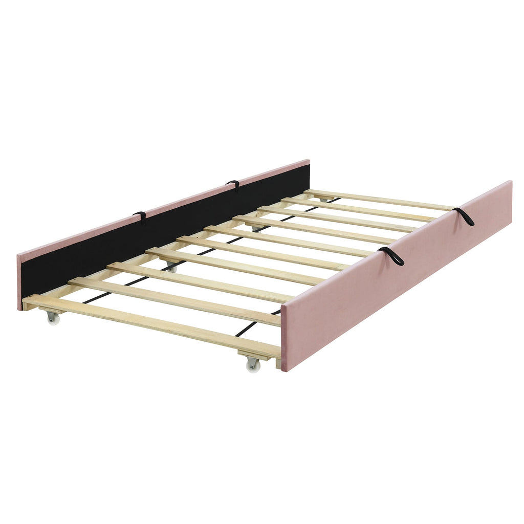 Twin Size Velvet Upholstered Platform Bed with Twin Size Trundle, Pink