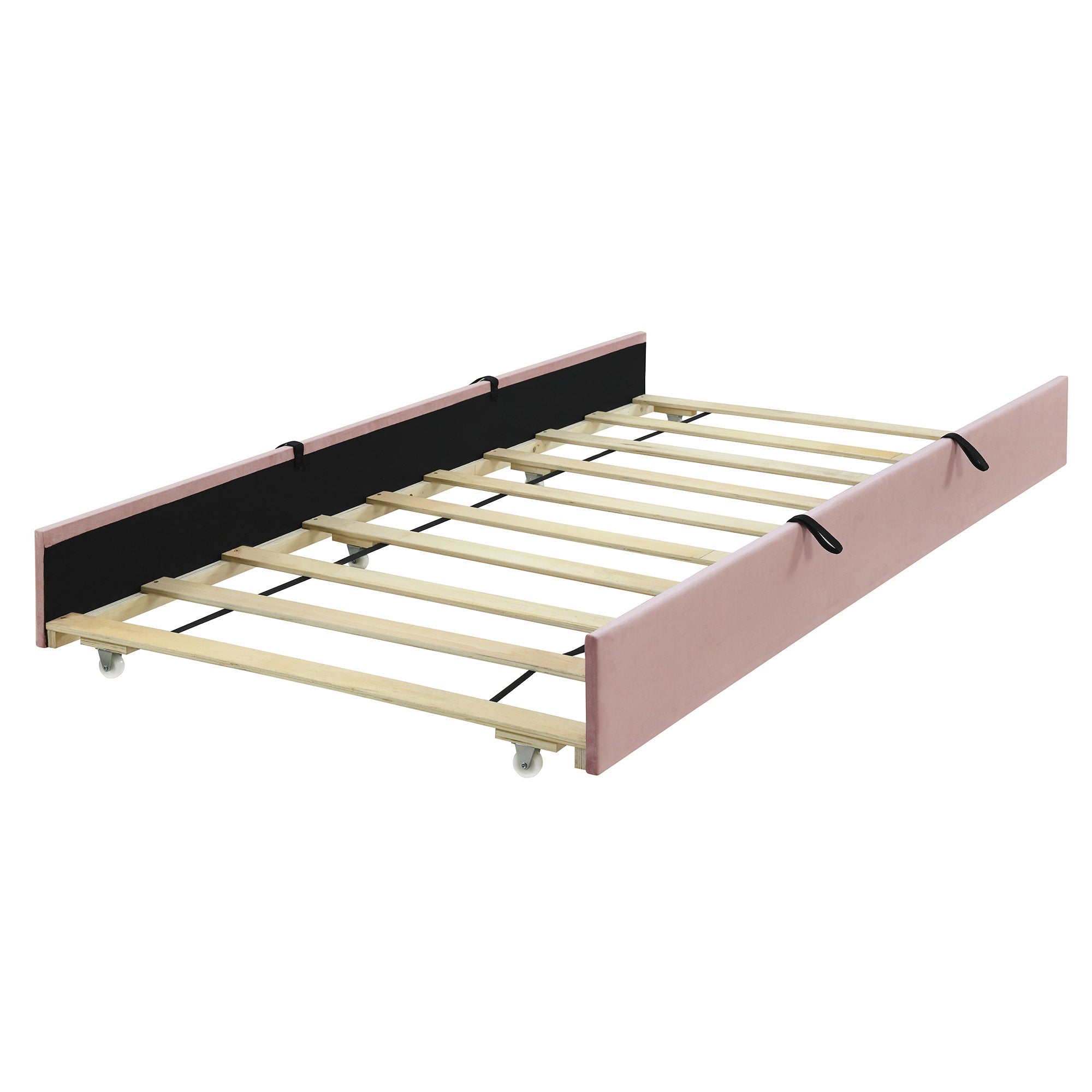 Twin Size Velvet Upholstered Platform Bed with Twin Size Trundle, Pink