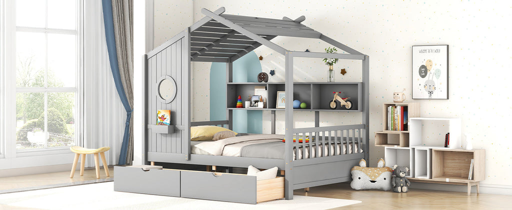 Wooden Full Size House Bed with 2 Drawers,Kids Bed with Storage Shelf, Gray(Old SKU: HL000052AAE)