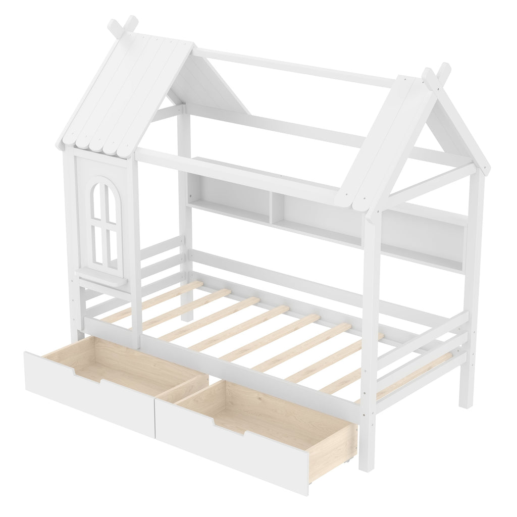 Twin house Beds with Storage Drawers and Window, Solid Wood House Platform Bed Frame with shelves, for Kids, Girls, Boys, No Spring Box Needed and Childlike Design, White