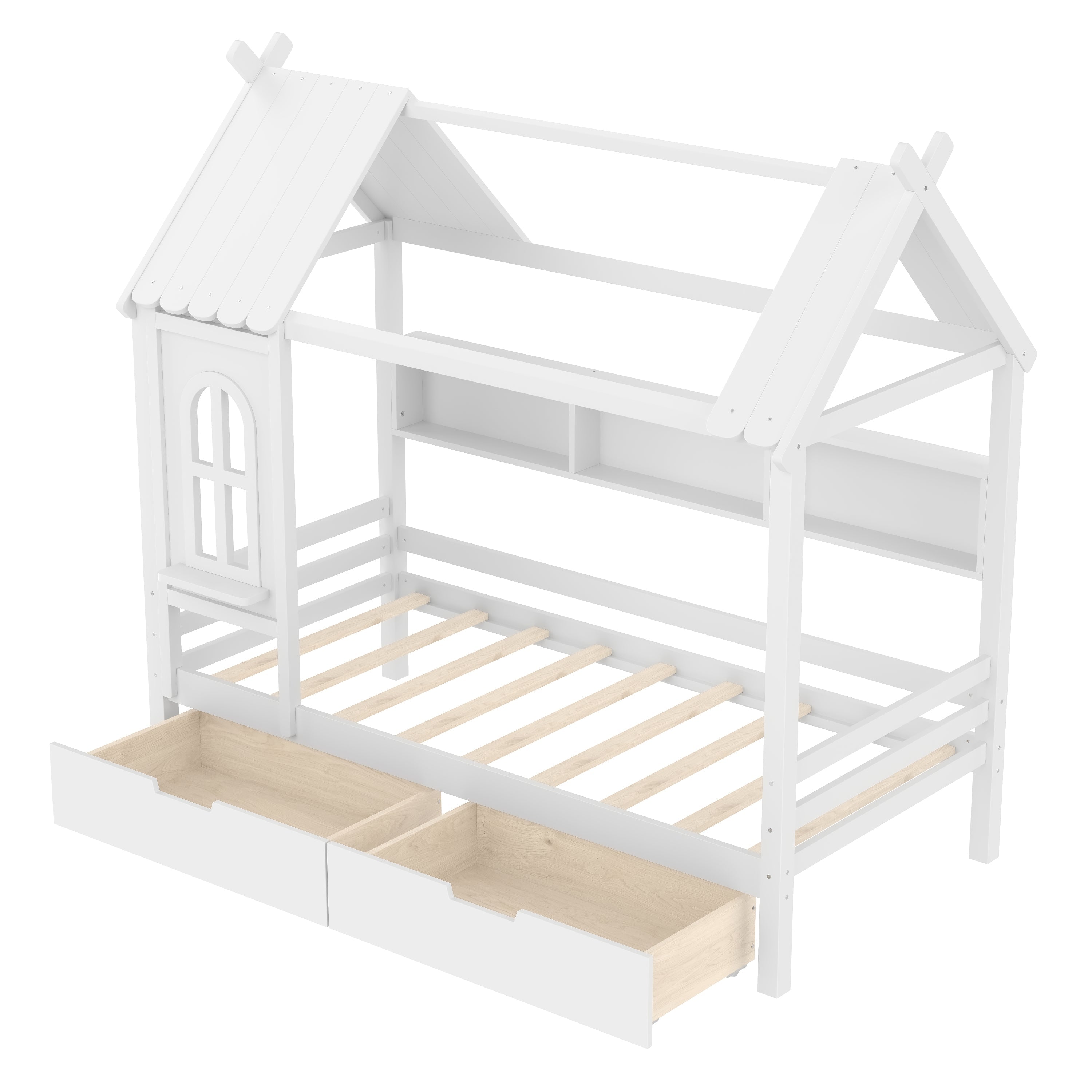 Twin house Beds with Storage Drawers and Window, Solid Wood House Platform Bed Frame with shelves, for Kids, Girls, Boys, No Spring Box Needed and Childlike Design, White