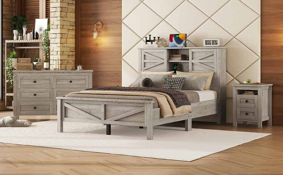 3-Pieces Bedroom Sets Full Size Farmhouse Platform Bed with Double Sliding Door Storage Headboard and Charging Station, Storage Nightstand and Dresser, Antique Gray(Old SKU HL000091AAG)