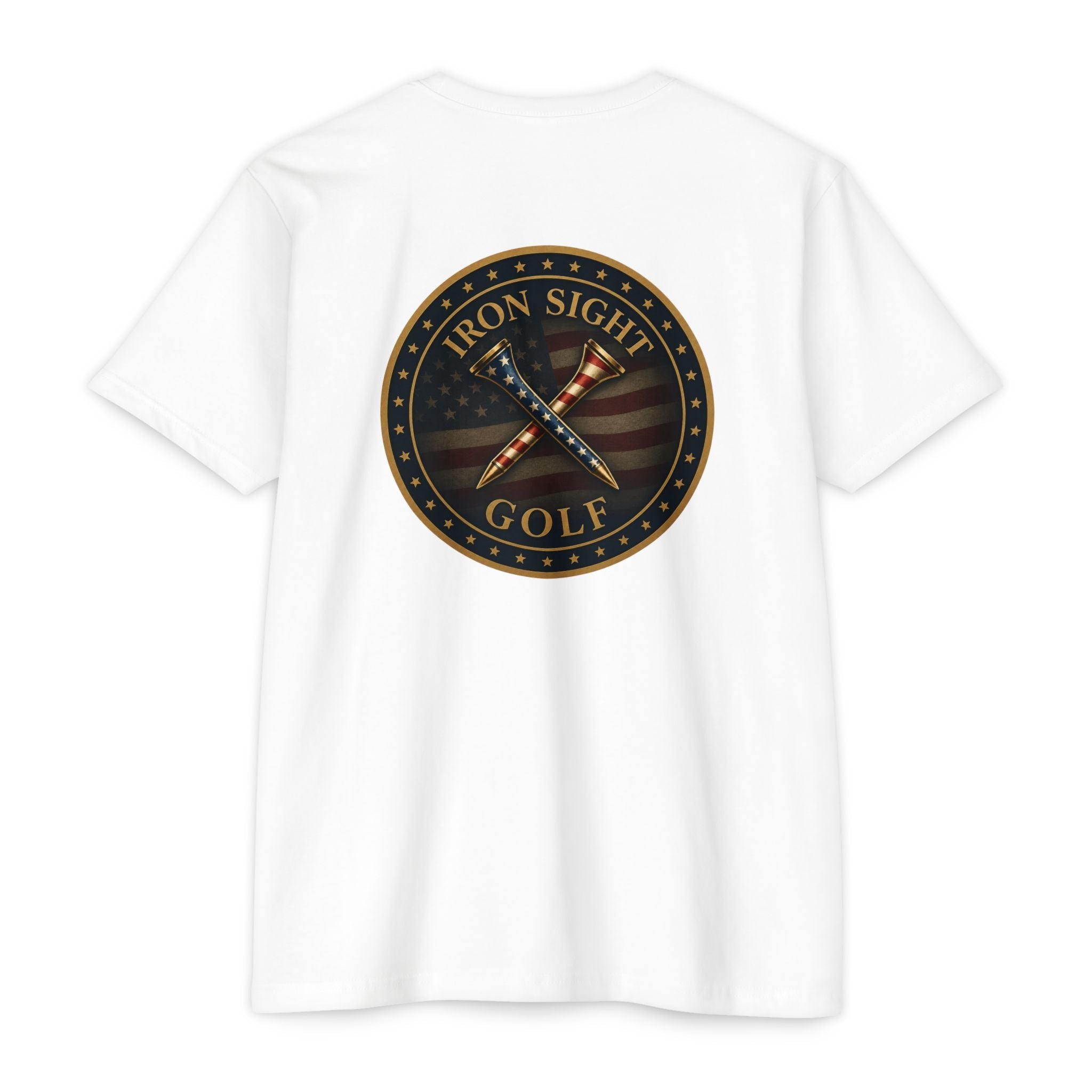Iron Sight Golf T‑Shirt — American Flag Crossed Clubs Logo