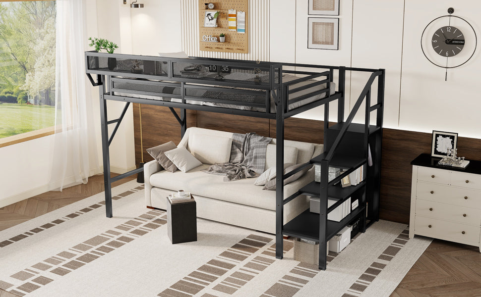 Twin XL Size Loft Bed with Stairs, Metal Full Loft Bed with Storage Shelves, High Loft Bed with Wardrobe for Kids Teens, Black(Expect Arrival Date 2025/10/14)