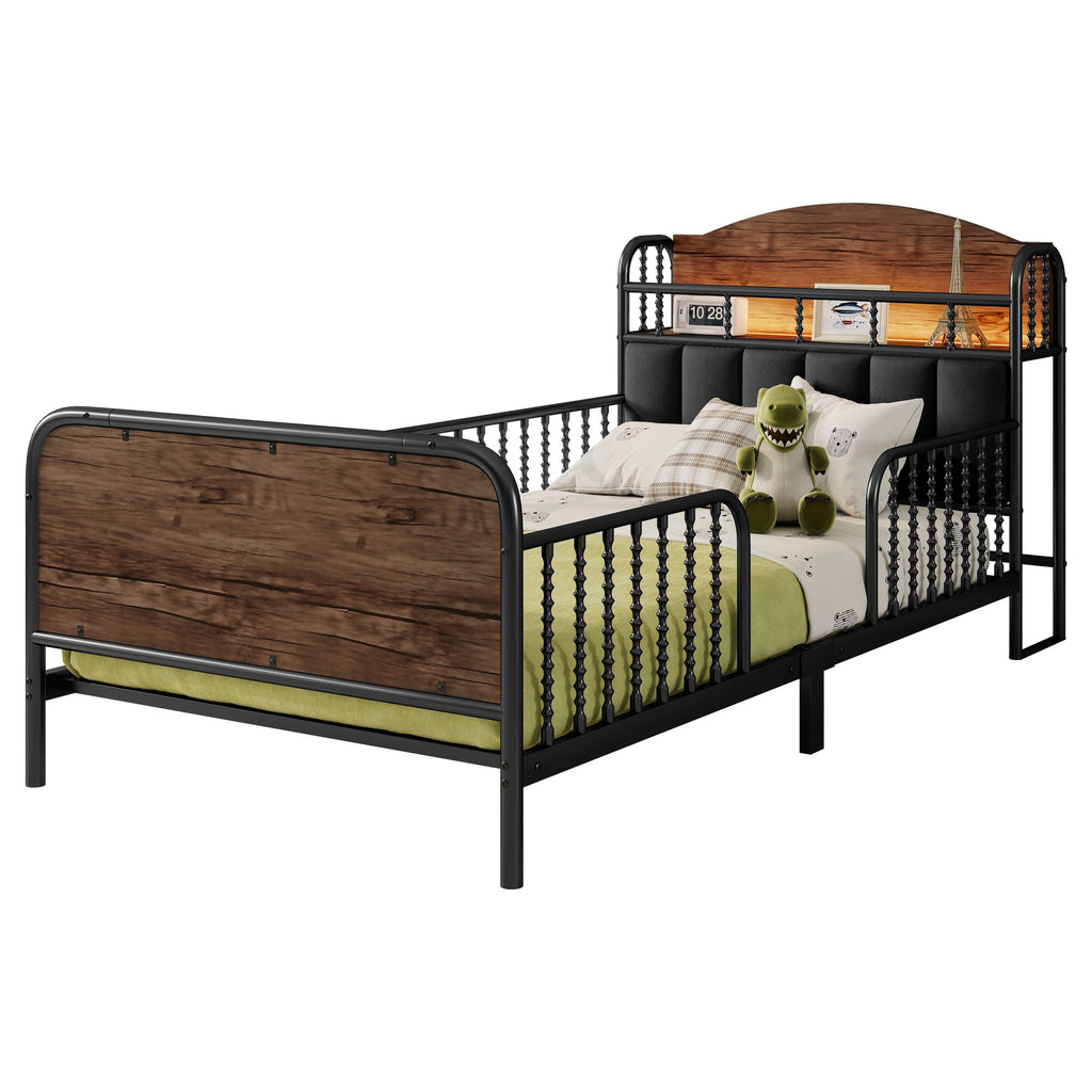 Twin Size Metal Platform Bed Frame with Light, Kids Twin Metal Bed with Upholstered and Storage Headboard, Black (Expect Arrival Date 2025/10/5)