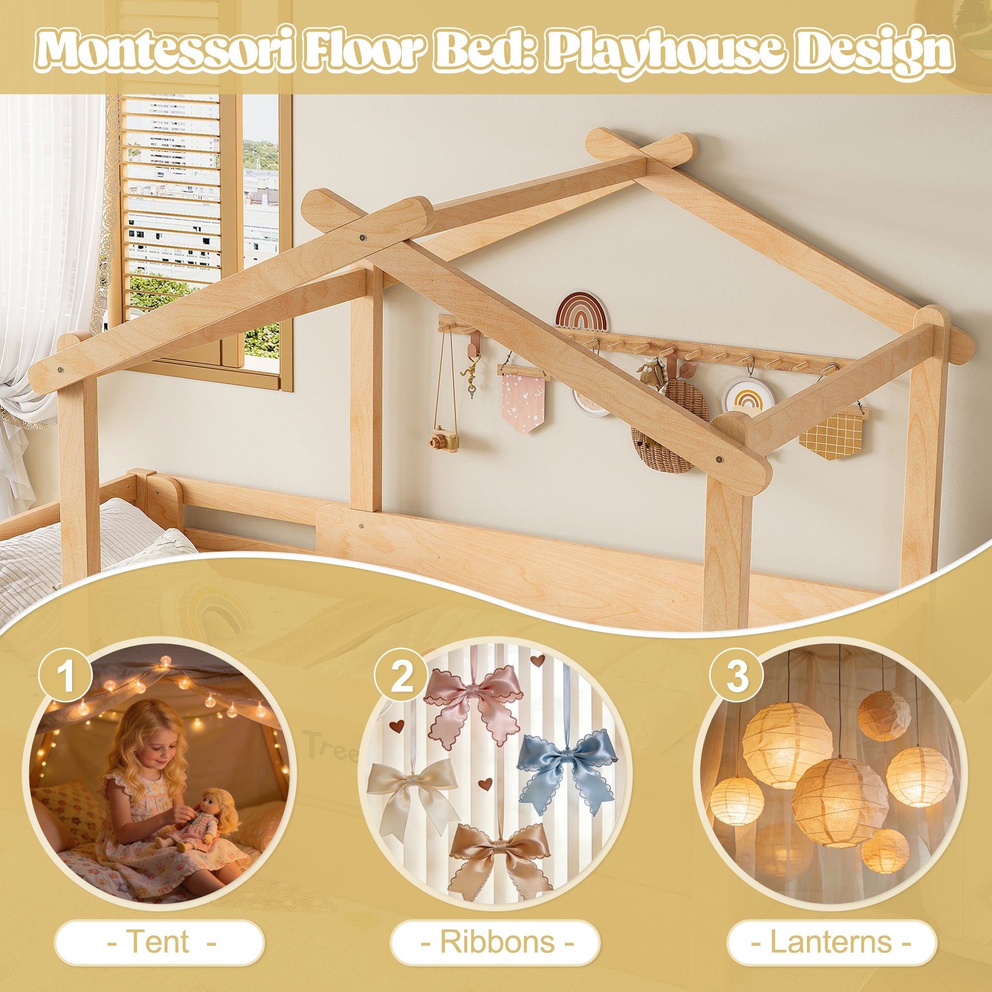 Full Size Floor Bed with Guardrails and Roof, Kids House Floor Bed with a Small Built-in Tray and Free-installed Signboard, Childlike Design, Natural