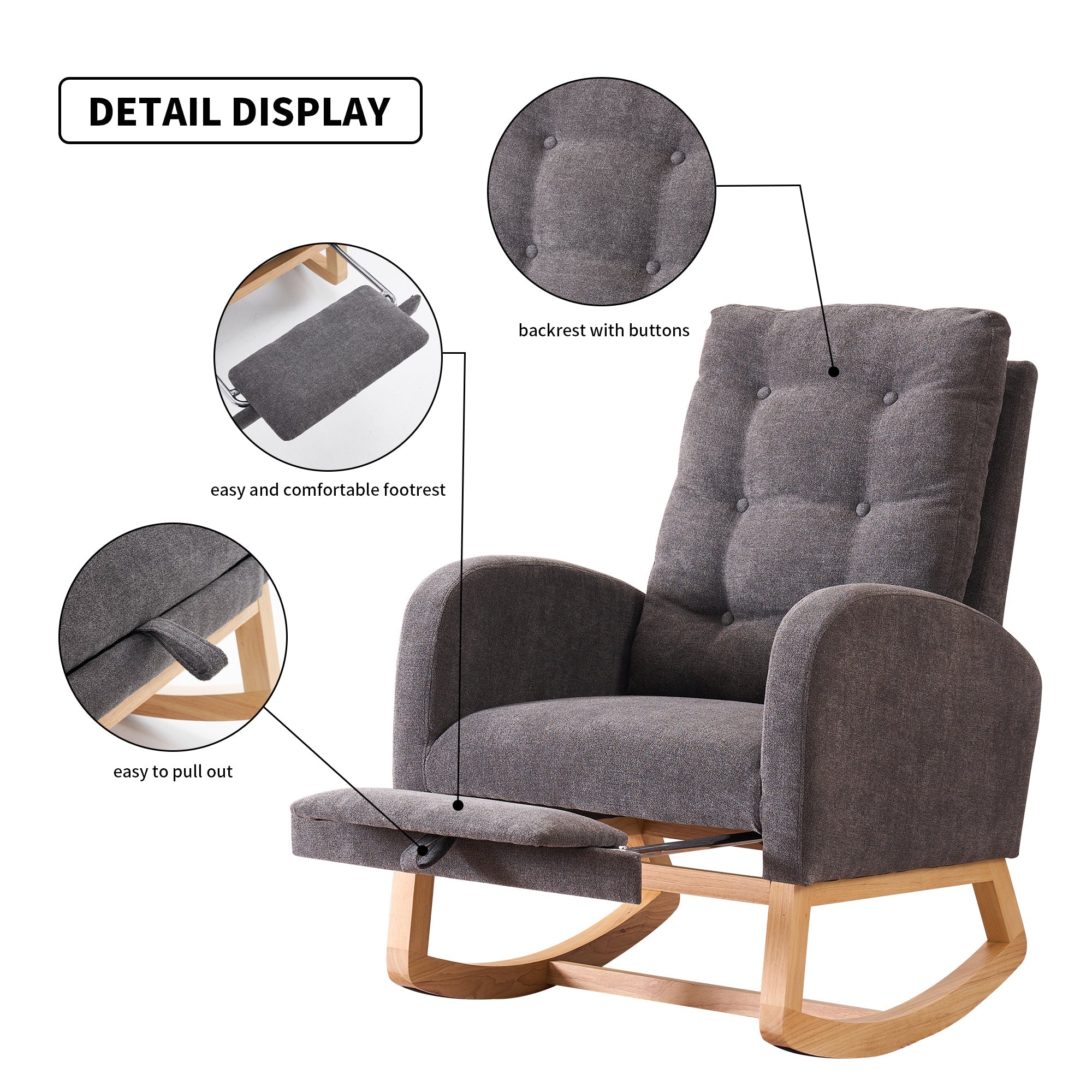 Accent Rocking Chair with Footrest High Back Rubber Wood Rocking Legs Bedroom Living Space 26.77D X 38.36W X 39.76H Inch