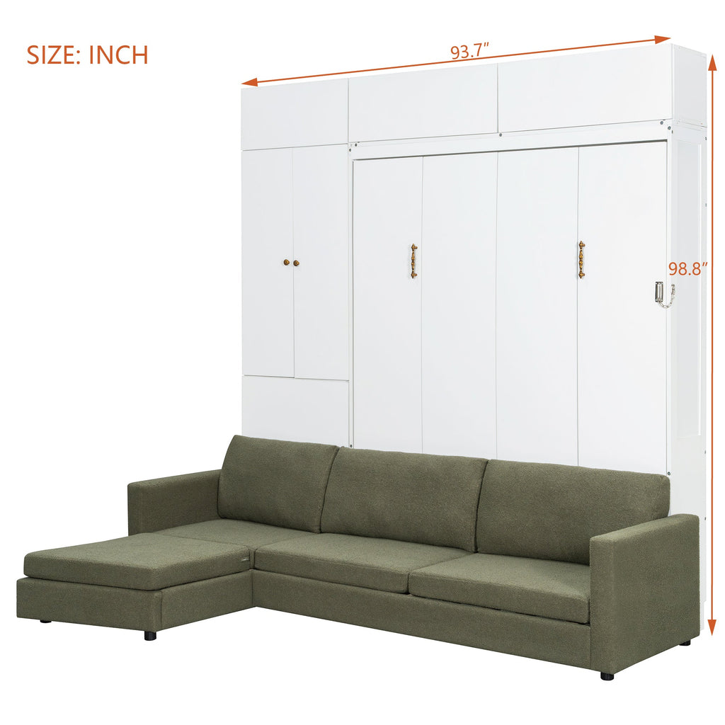 Queen Size Murphy Bed Wall Bed with Sofa and Shelves,White Panel, Green Sofa