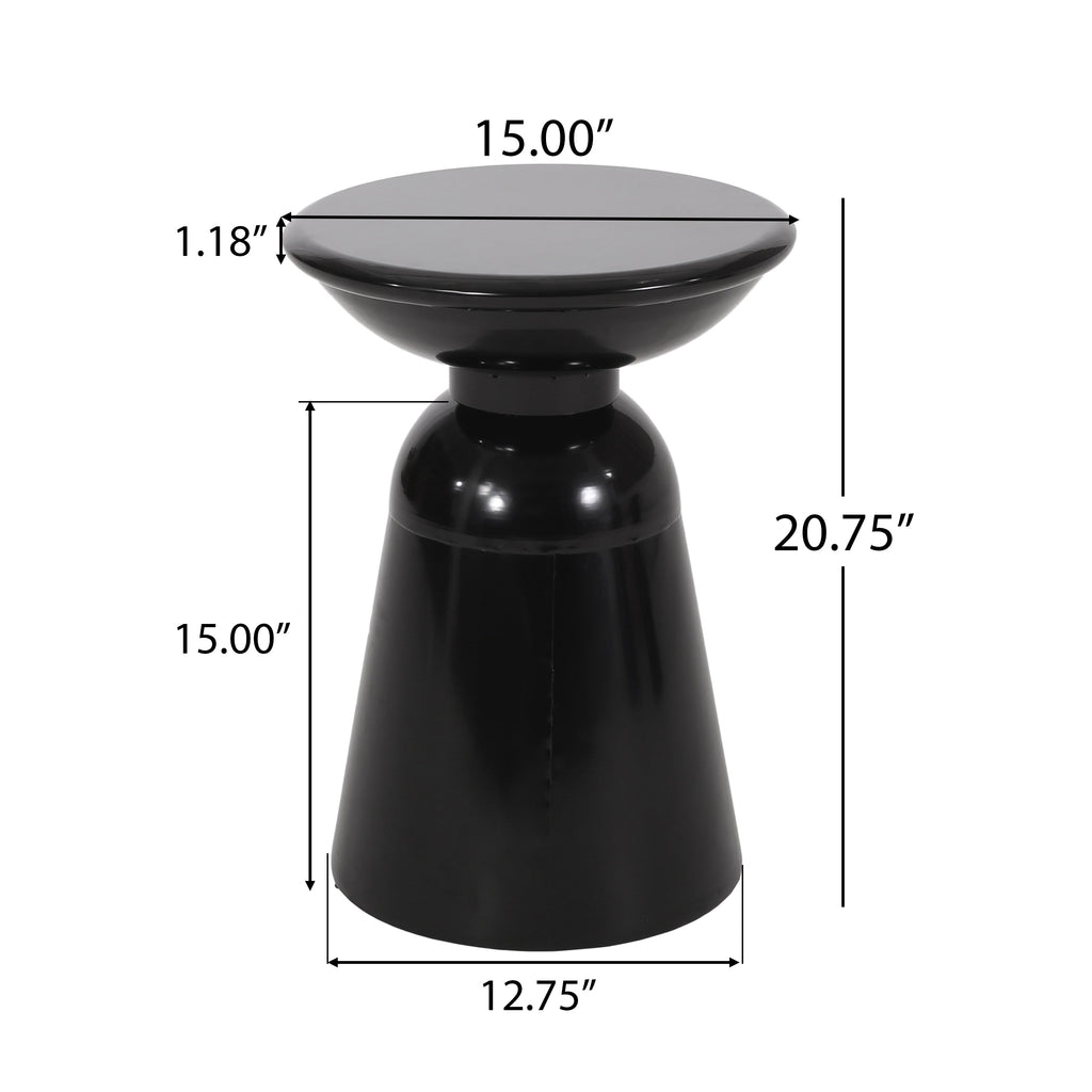 Modern Outdoor Metal End Table with Pedestal Structure in Black Iron, 15x15x20.75 Inches