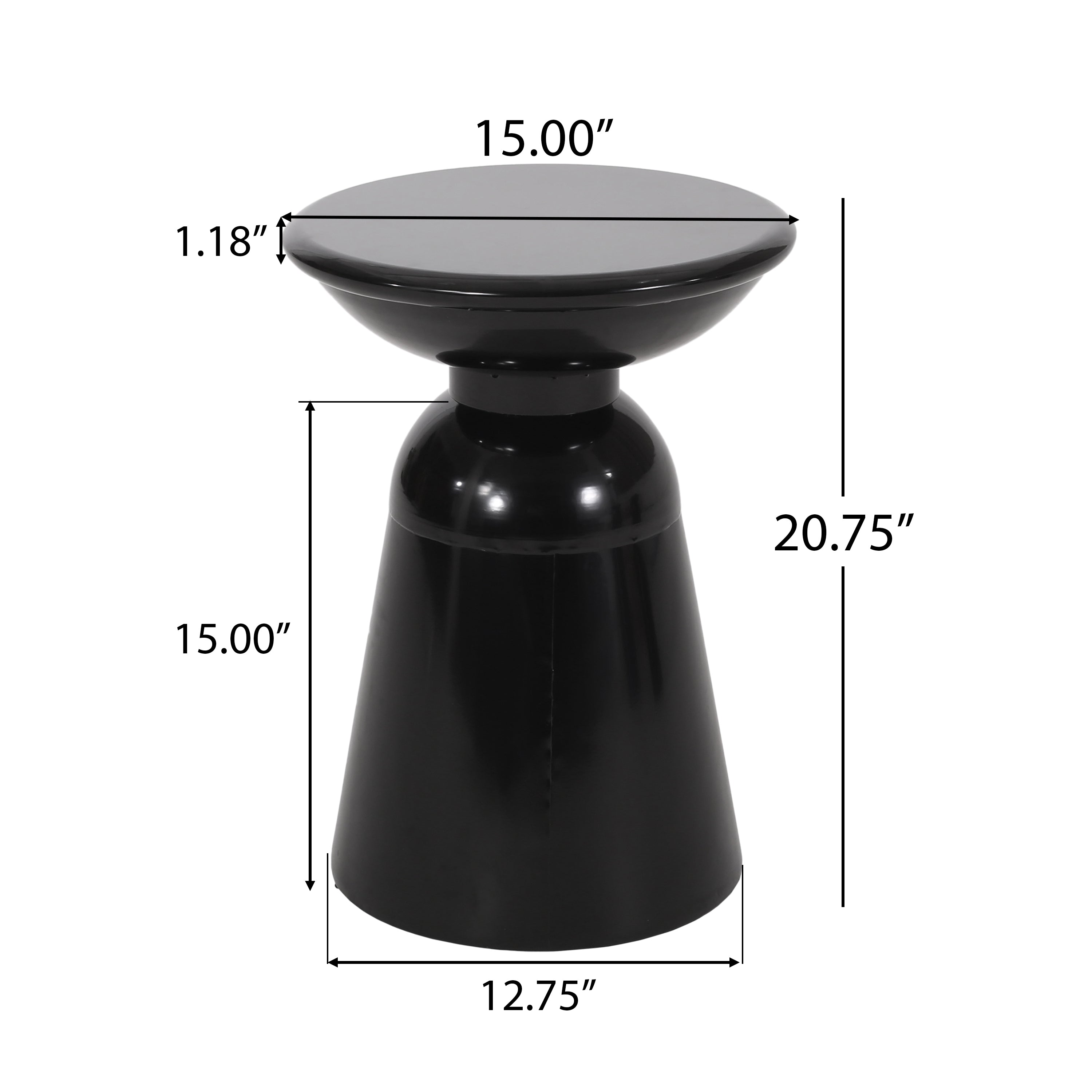Modern Outdoor Metal End Table with Pedestal Structure in Black Iron, 15x15x20.75 Inches