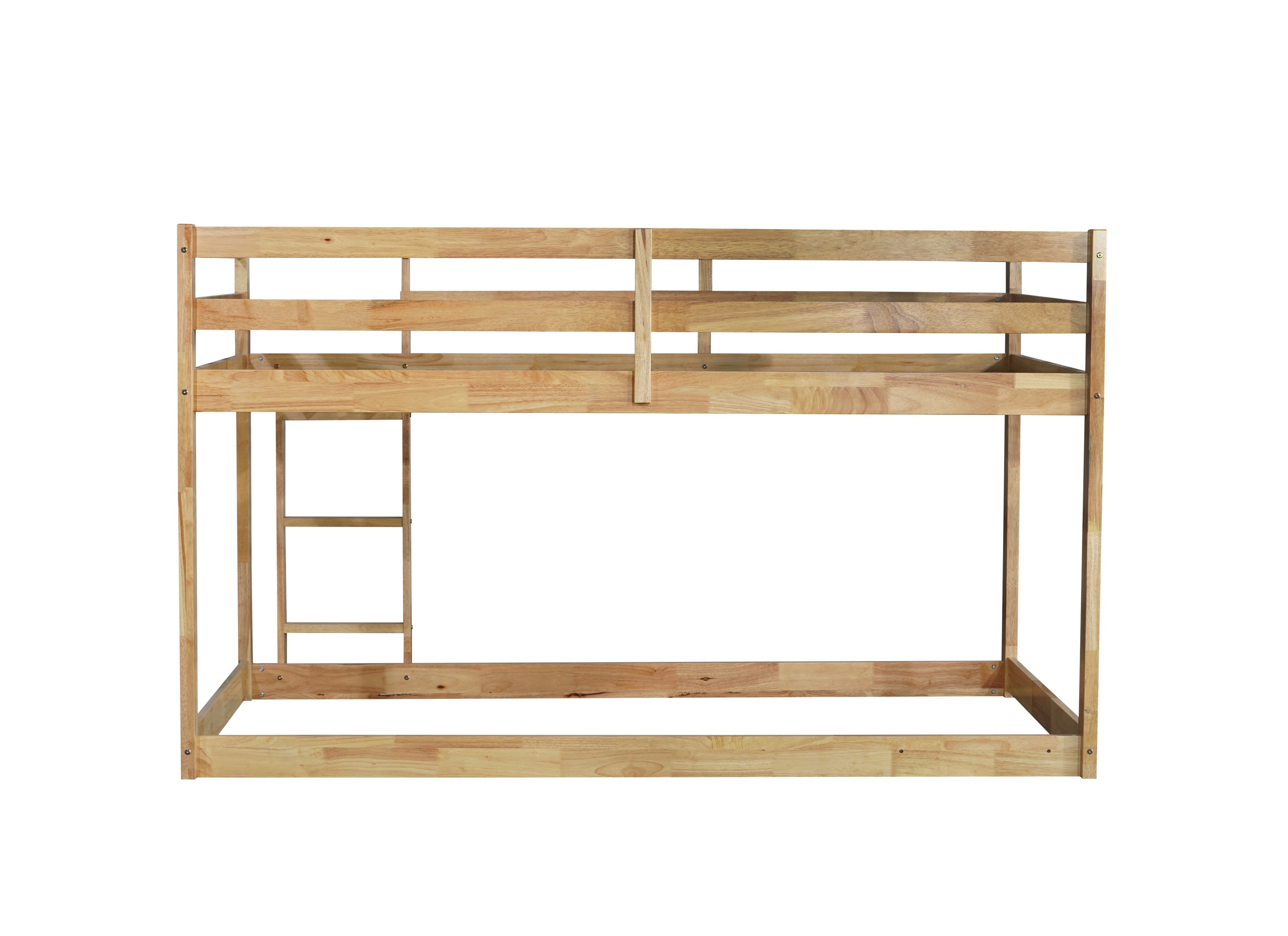 Solid Wooden, Solid Rubber Wooden Twin over Twin Floor Bunk Bed with Ladder, with Bed Platform of Strengthened Slats  , Natural