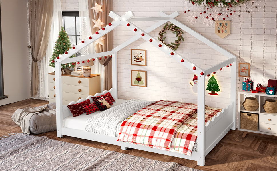 Full House Floor Bed with Support Slats, Solid Wood House Bed Frame for Kids, No Box Spring Needed and Opening Constructure, White
