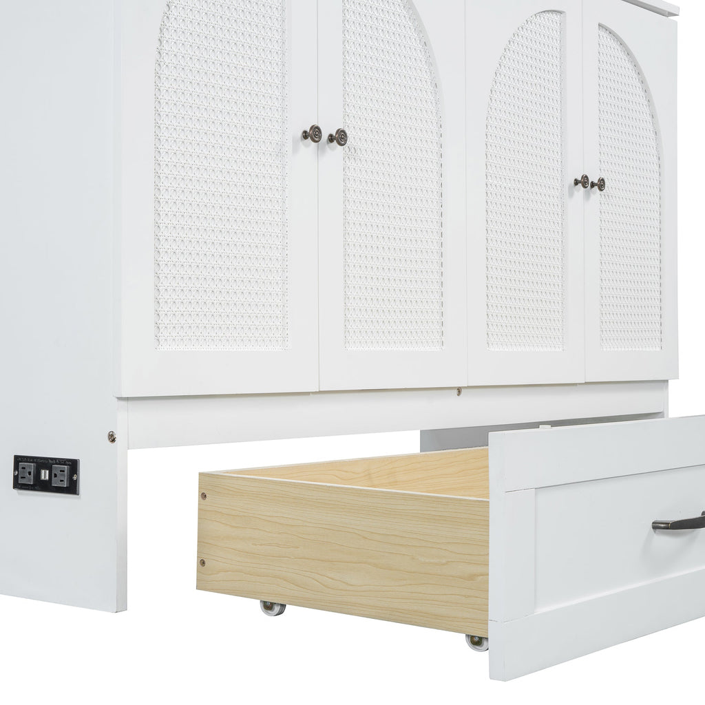 Queen Size Murphy Bed with Large Drawers, White