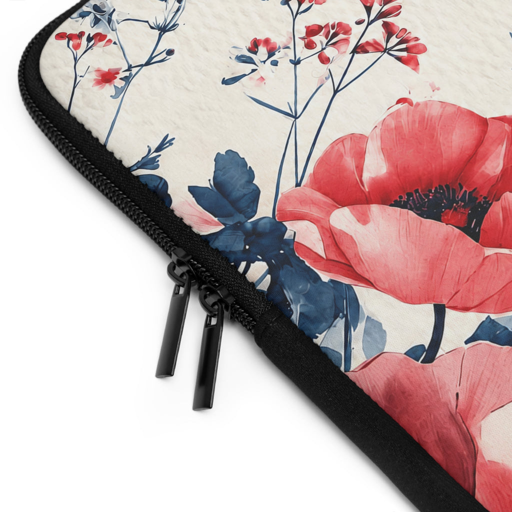 Red Poppy Watercolor Laptop Sleeve | Floral Bee Botanical Tech Cover
