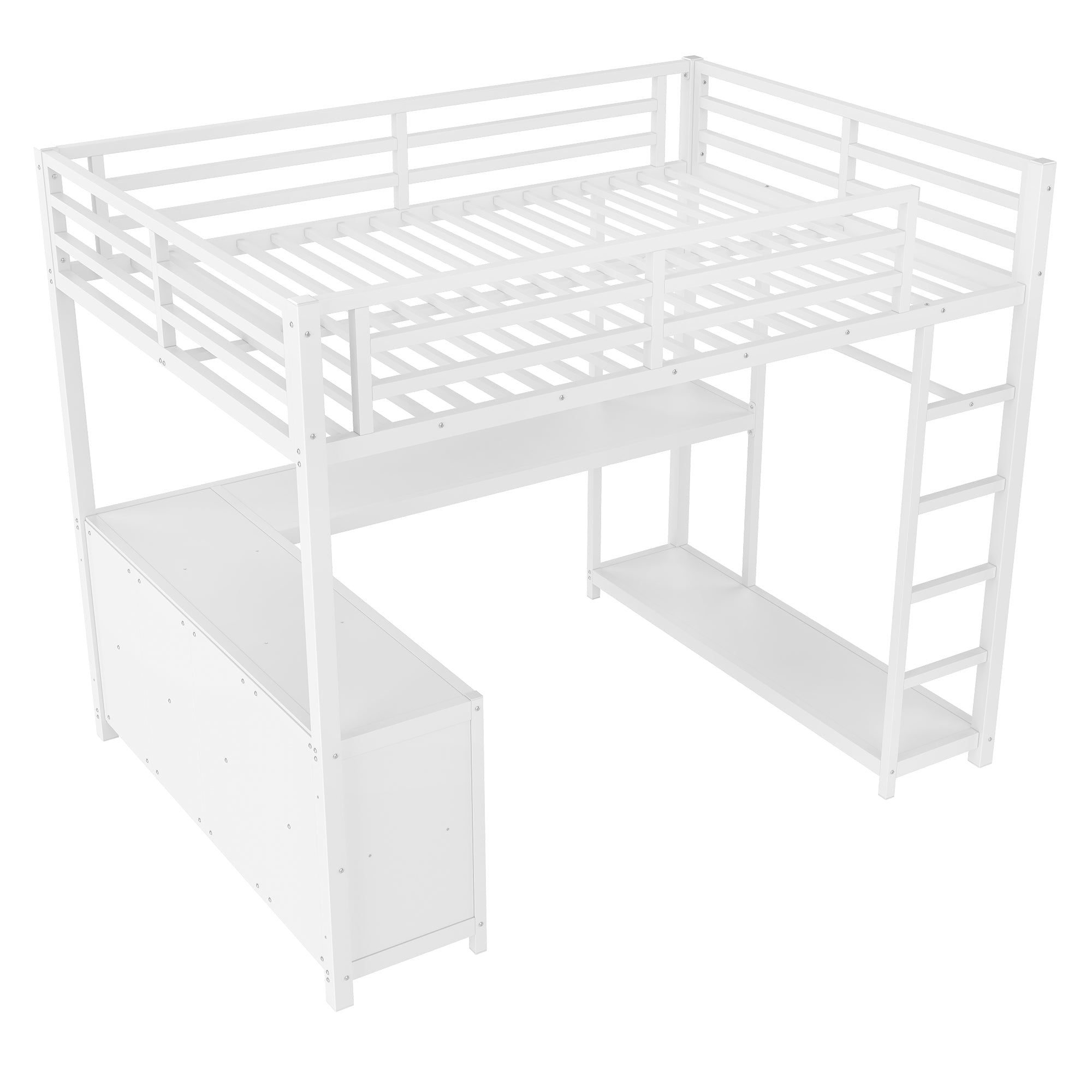 Metal Loft Bed with Wardrobe and L-shaped Desk, Full Size Loft Bed with Storage Cubes and Shelves, Loft Bed for Kids Teens Adults, White