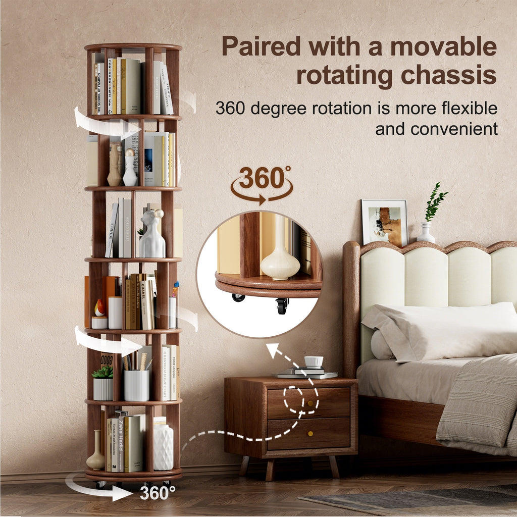 100%Solid Wood Rotating Bookshelf on Wheels, 6 Tier, Round Revolving Bookcase, 360° Spinning Book Shelf Tower for Kids, Narrow Rolling Bookshelves for Small Space, Corner, Bedroom, Office, Walnut