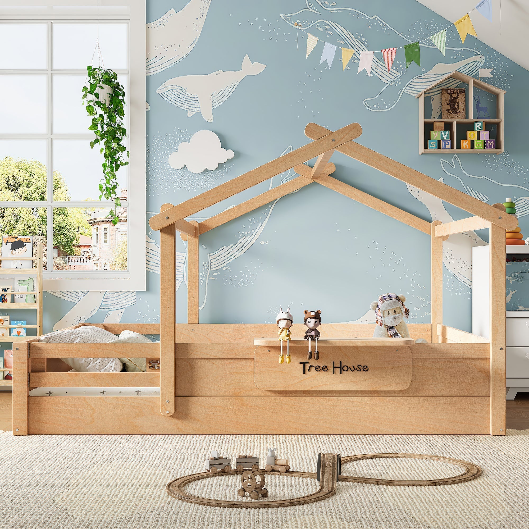 Queen Size Floor Bed with Guardrails and Roof, Kids House Floor Bed with a Small Built-in Tray and Free-installed Signboard, Childlike Design,Natural