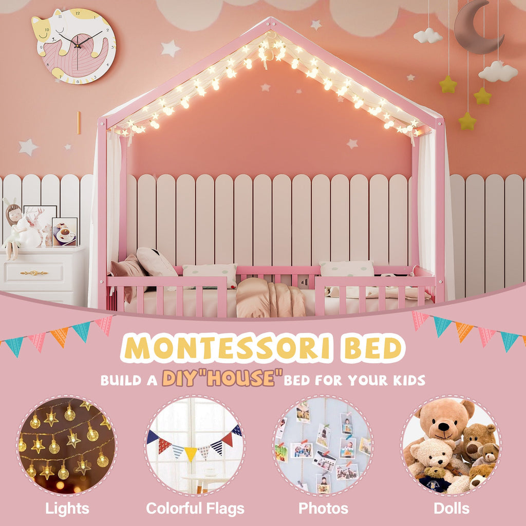 Montessori Floor Bed with Canopy, Twin Bed Frame for Kids, House Shape Kids Bed Frame with High Railings, Wood Kids Bed with Roof, Kid Twin Bed, Pink