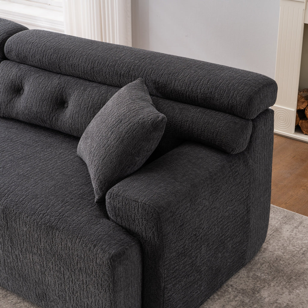 LY-029 GRAY COMPRESSION SOFA: 4-seater combined sofa, Wood Grain Chenille fabric, full sponge compression sofa,combined sofa with 2 pillows  for living/ Home Furniture/ Apartment
