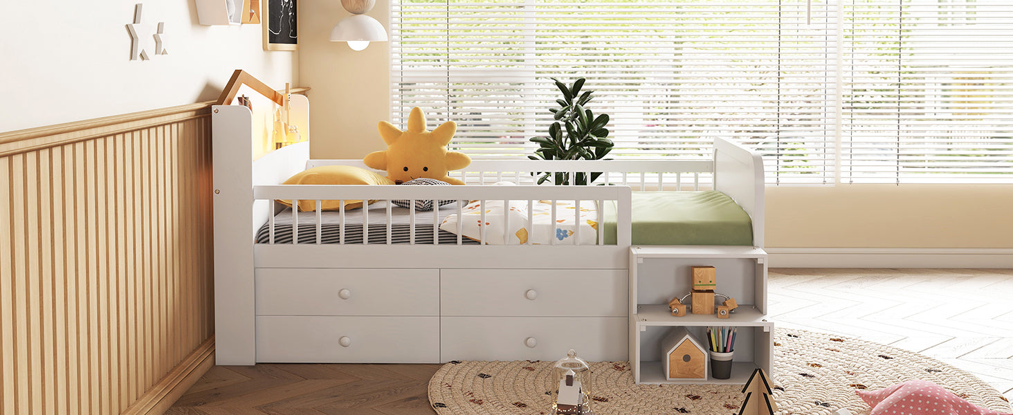 Low Loft Bed with LED Lights, Wooden Twin Loft Bed with House Shape Headboard, Kids Loft Bed with Storage Drawers, White (Expect Arrival Date 2025/1/20)