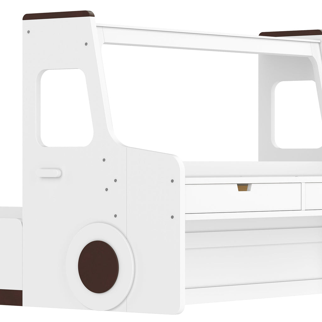 Full Size Floor Bed with Interesting Car-shape Design, Kids Car Floor Bed with Storage Drawers, Window, and Desk, Childlike Design, White
