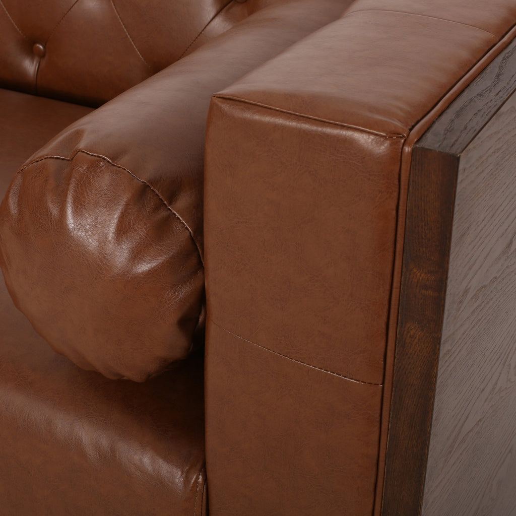 Contemporary 3-Seater Sofa with Tufted Design in Light Brown PU and Wood Accents