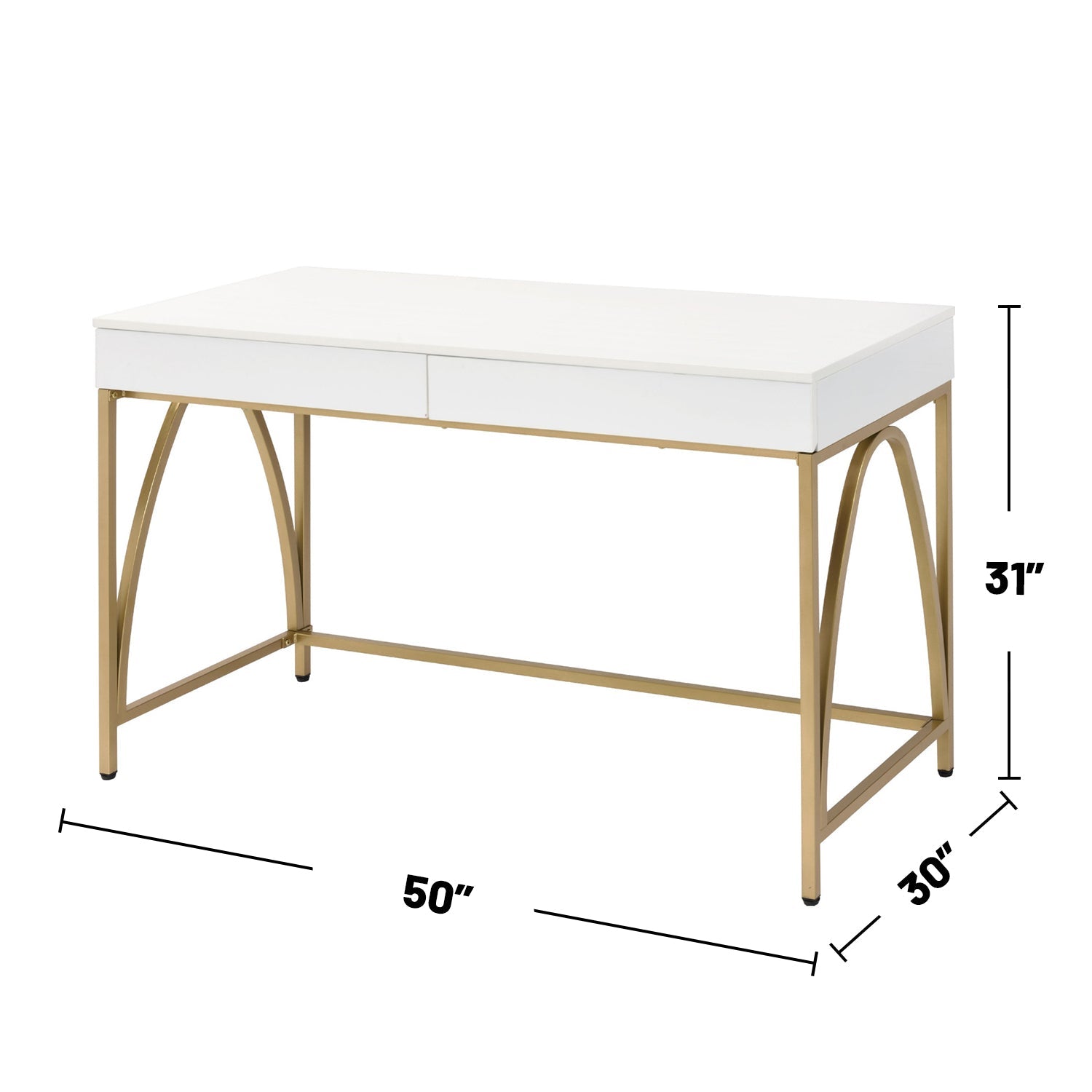 2 Drawers Writing Desk with Metal Trestle Base, White High Gloss and Gold