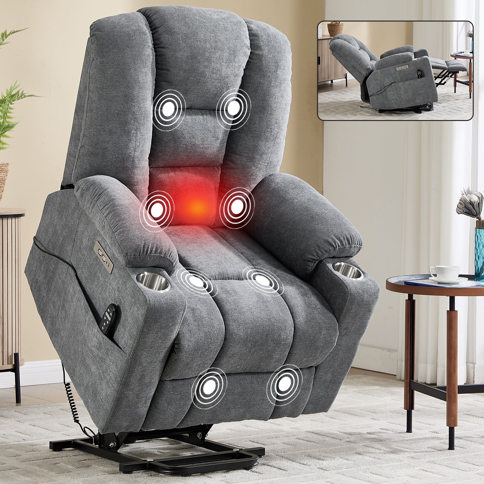 Lift Recliner Chair with Massage and Heat for Elderly, Overstuffed Wide Recliners, Heavy Duty Motion Mechanism with USB and Type C Ports, 2 Steel Cup Holders, Blue Grey